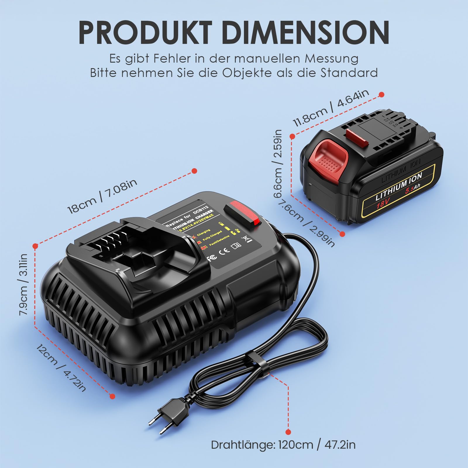LabTEC Akumulator do Dewalt DCB204 z ładowarką 10,8 V-14,4 V-20 V do DCB112, akumulator litowo-jonowy kompatybilny z DCB120, DCB121, DCB206, DCB205, DCB181, DCB181-XJ