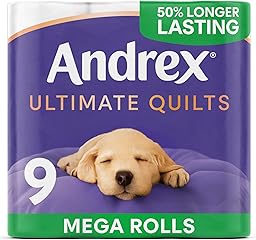 Andrex Ultimate Quilts Toilet Tissue 9 Mega Toilet Rolls - 13.5 Air Pocket Technology for Soft, Thick Sheets (Previously Andrex Supreme Quilts Toilet Paper) 9 Mega Toilet Rolls