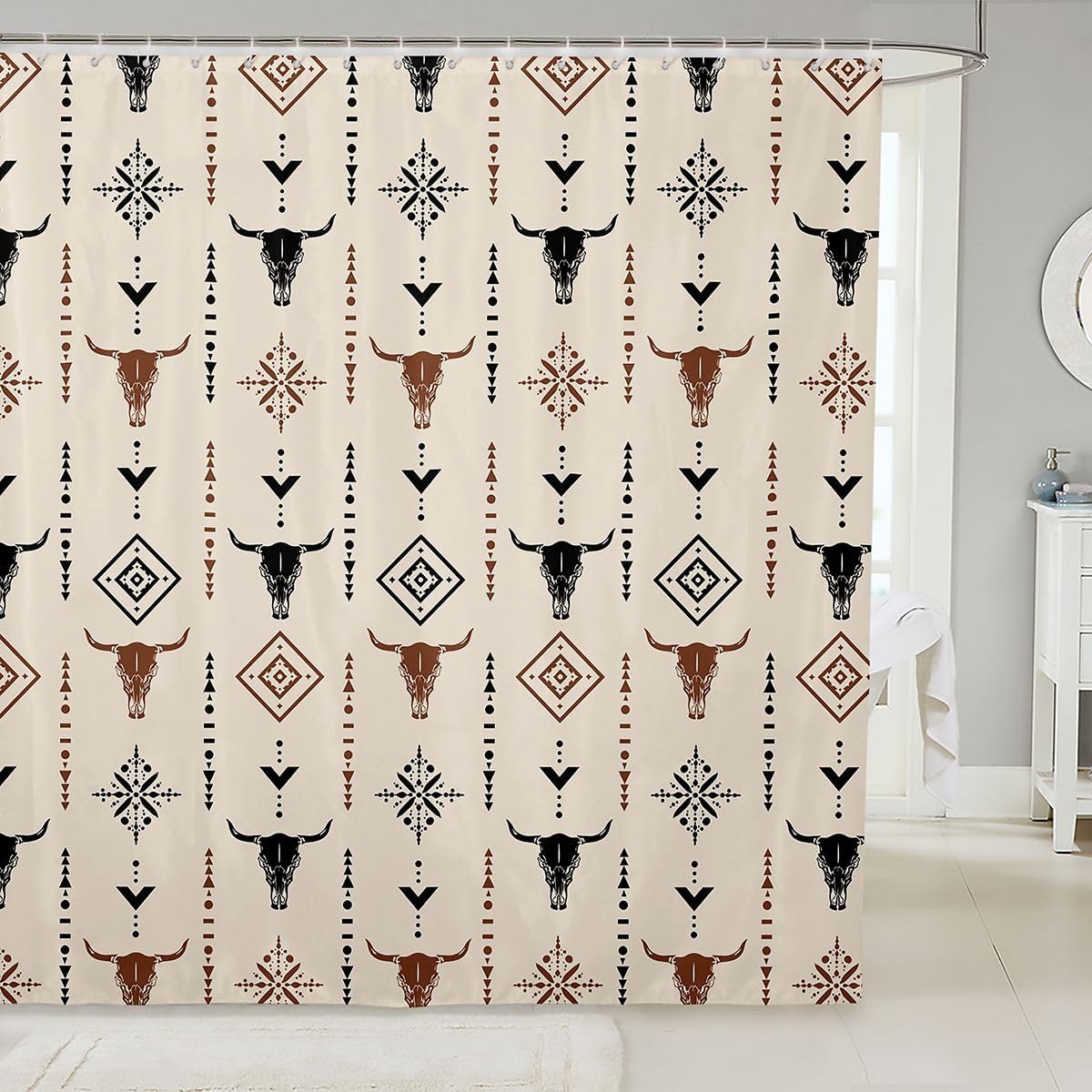 Erosebridal Bohemian Shower Curtain 72" Wx72 L Aztec Bathroom Accessories for Young Men Western Abstract Horns Mysterious Aesthetic Art Beige Minimalist Retro Symbol Bath Curtain