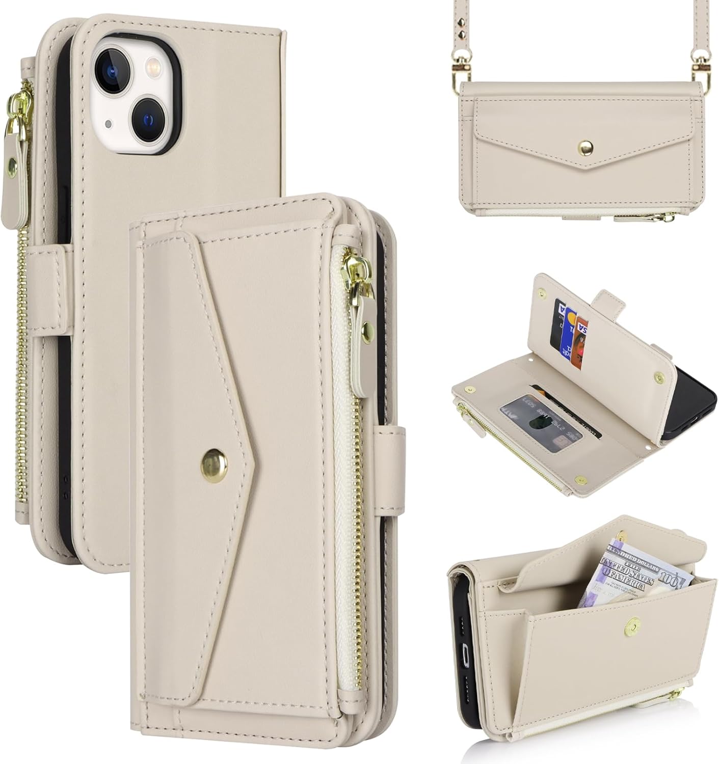 Jaorty Fit for iPhone 14 /iPhone 13 Case Wallet with Crossbody Lanyard & Wrist Strap for Women,6.1 inch,iPhone 14 Purse Phone Case with Card Holder,Protective PU Leather Zipper Case,Beige