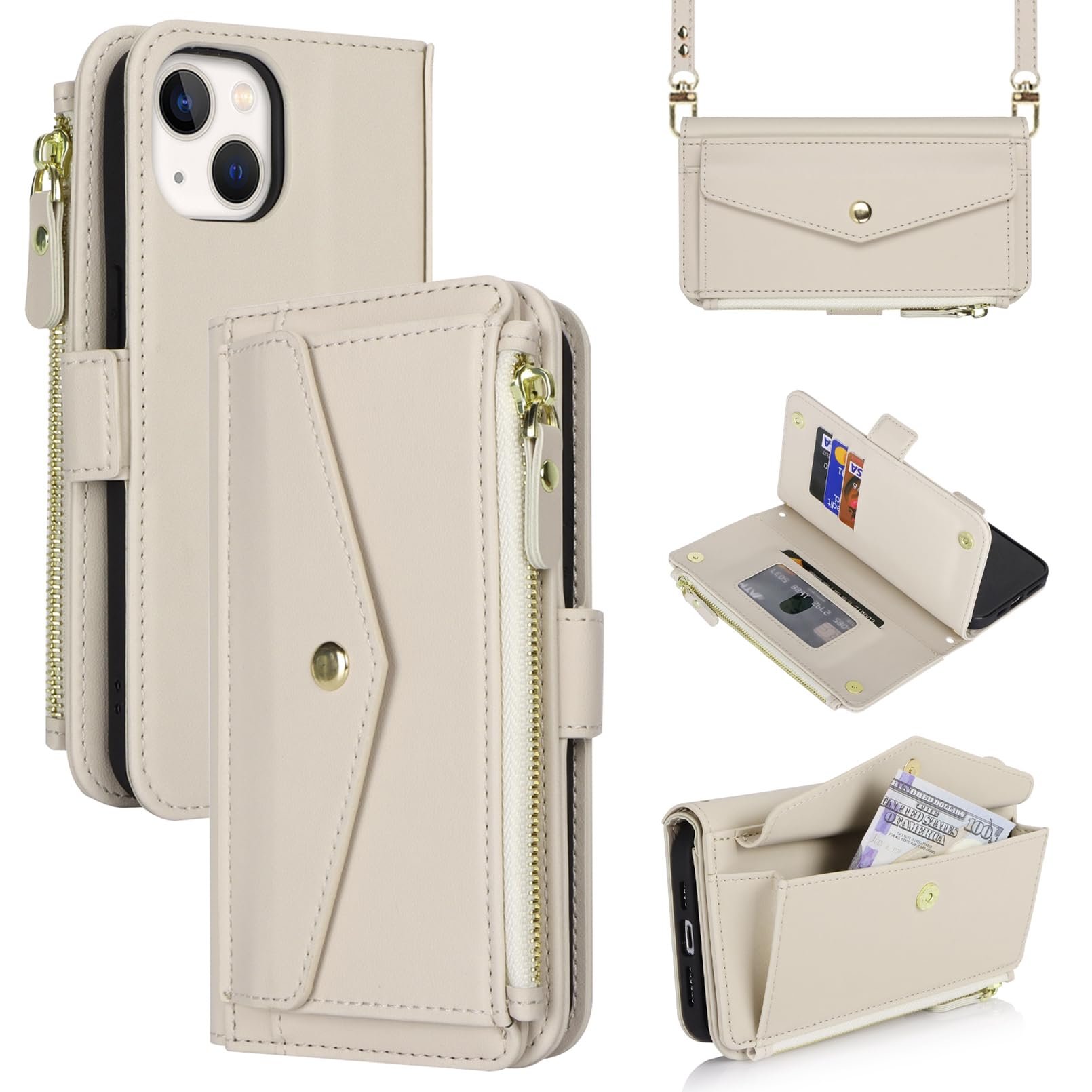 Jaorty Fit for iPhone 14 /iPhone 13 Case Wallet with Crossbody Lanyard & Wrist Strap for Women,6.1 inch,iPhone 14 Purse Phone Case with Card Holder,Protective PU Leather Zipper Case,Beige