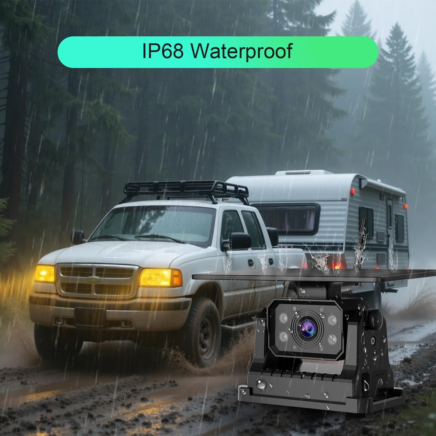 FEISIKE backup camera operating in heavy rain, highlighting its IP68 waterproof rating.
