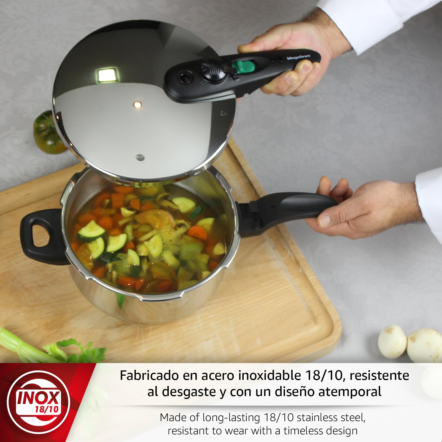 Magefesa Athenas - Pack Exclusivo Olla Express Rápida 7.5L + Cestillo + Tapa de Cristal + Paño + Tomaollas, Acero Inoxidable 18/10, Para Inducción, Fondo Termo-Difusor