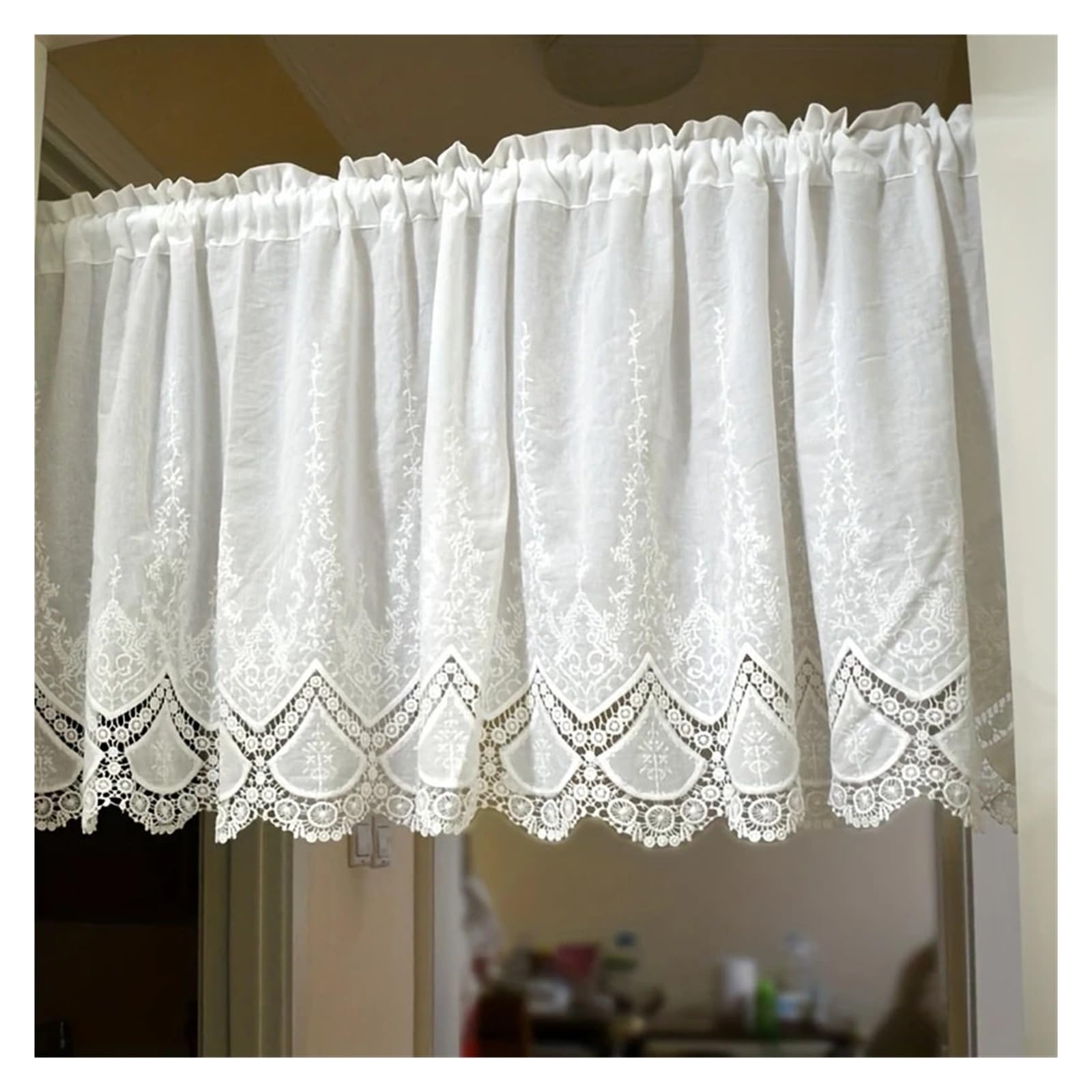 LNNXSZ Short Curtains Elegant Hollow Embroidered Lace Short Curtain Chic Cotton Cafe For Kitchen Door Small Window Home Decor(W200 x H50cm 1Piece)
