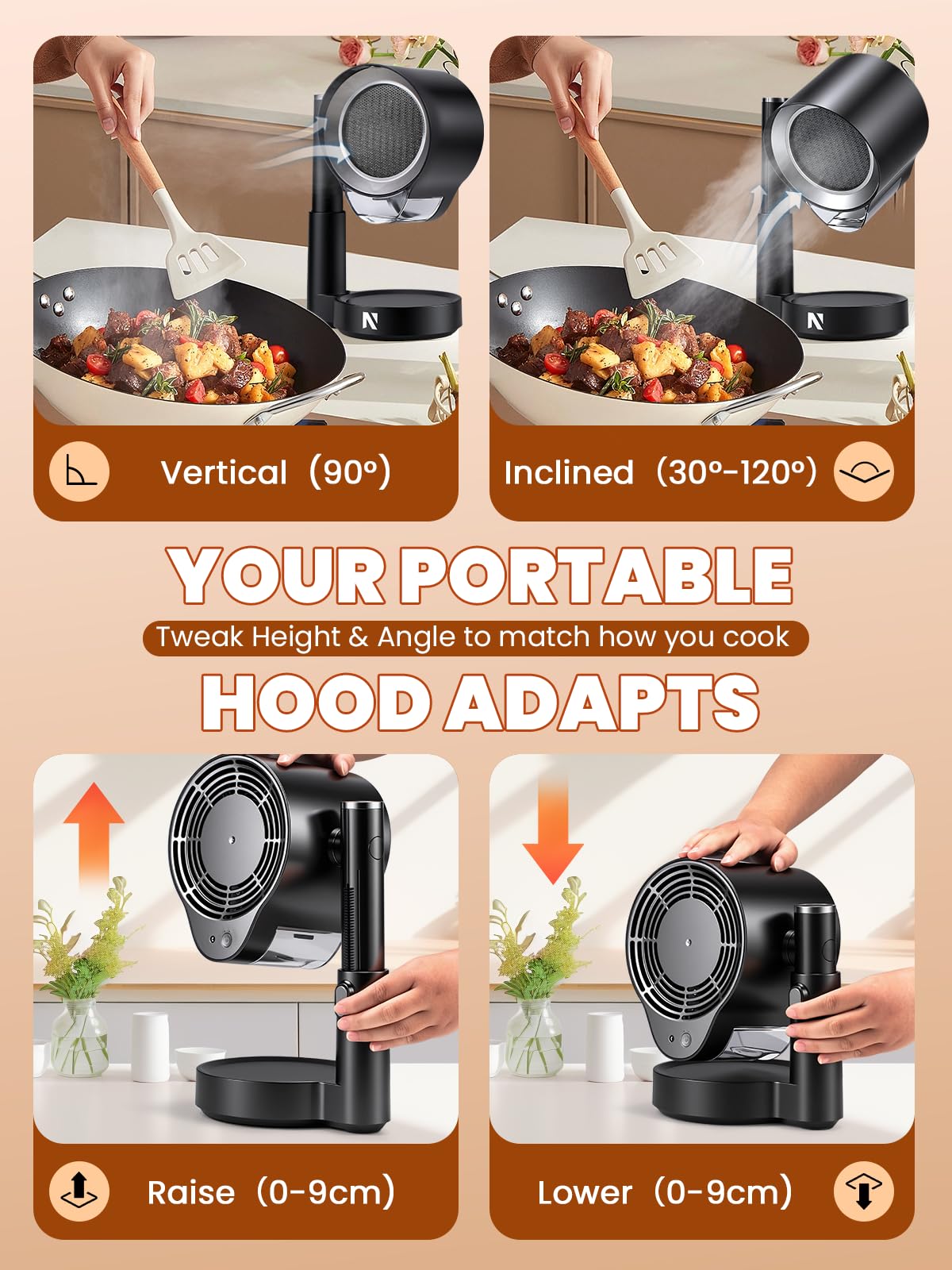 NEWTRY Cappa aspirante portatile – Potente 3 velocità di aspirazione compatta Mini aspiratore portatile con 2 filtri lavabili per casa, cucina, roulotte, esterni, hotpot Grill