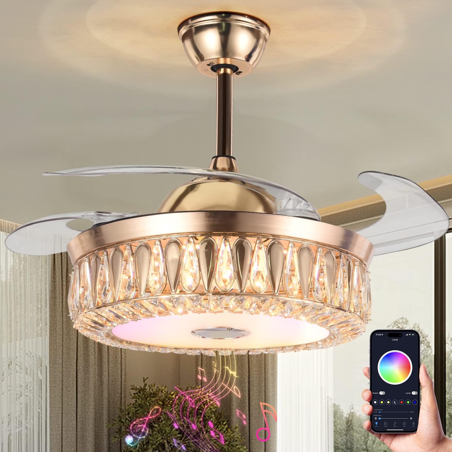 A Million 42" Gold Smart Ceiling Fan with Light and Bluetooth Speaker, Crystal Chandelier Fan with Retractable Blade 3 Speed and RGB Color Change APP and Remote Control