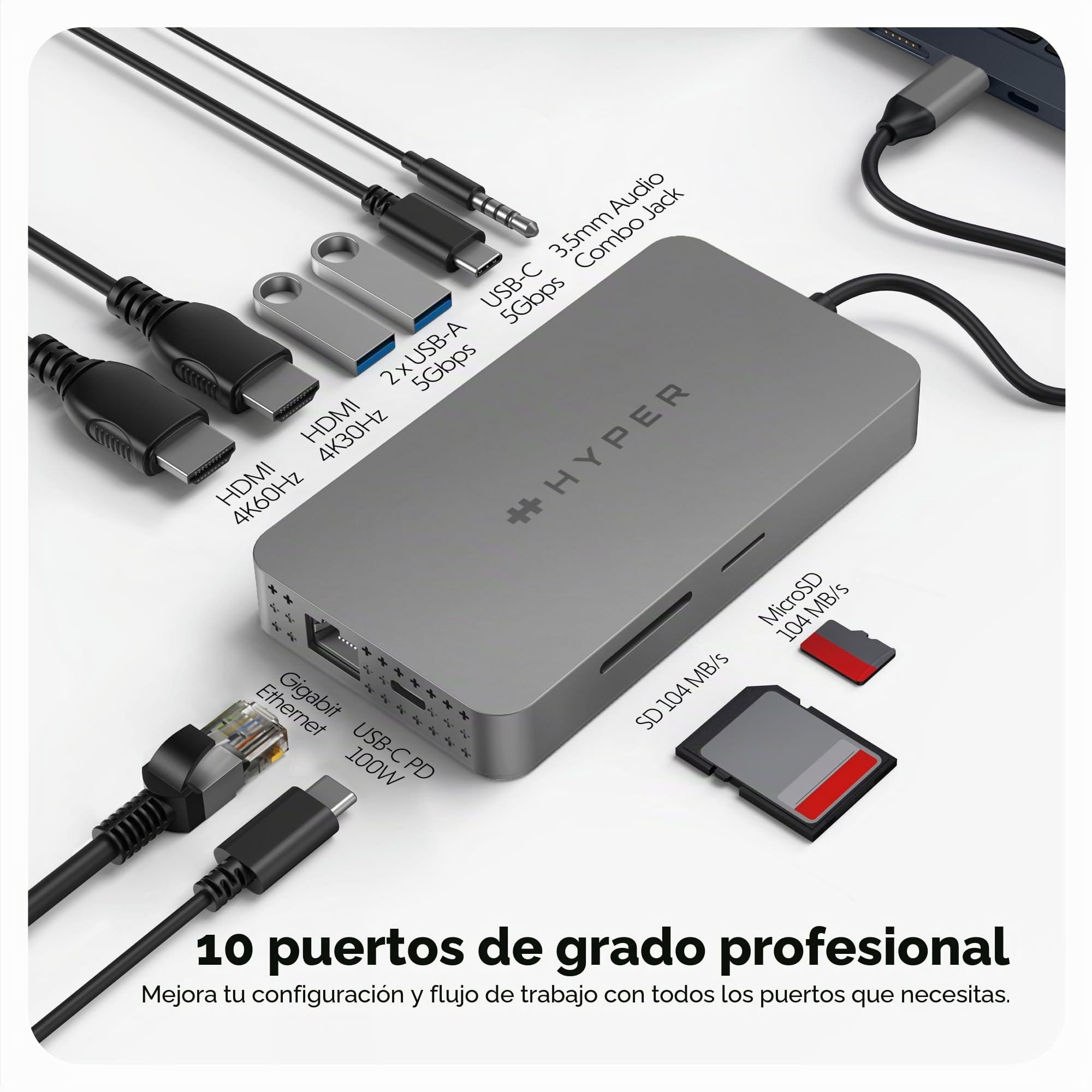 Hyper HDM1H-GL Hub USB-C HyperDrive Dual 4K HDMI 10 en 1 para MacBooks M1/M2 con 10 Puertos Esenciales - Plata
