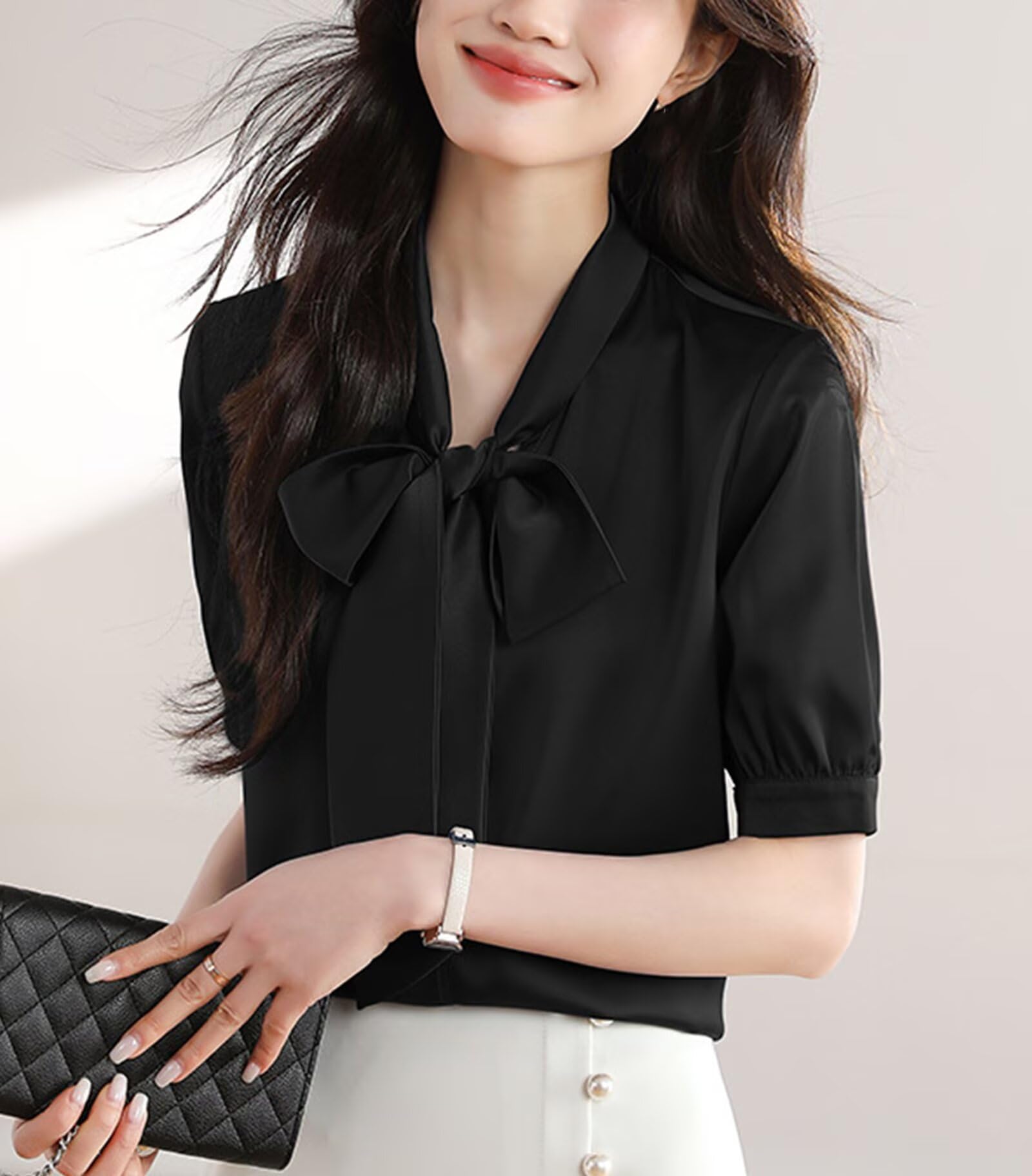 HNVAVQ Camicia Seta Donna con Fiocco Blusa Elegante Maniche Corte per Ufficio Lavoro