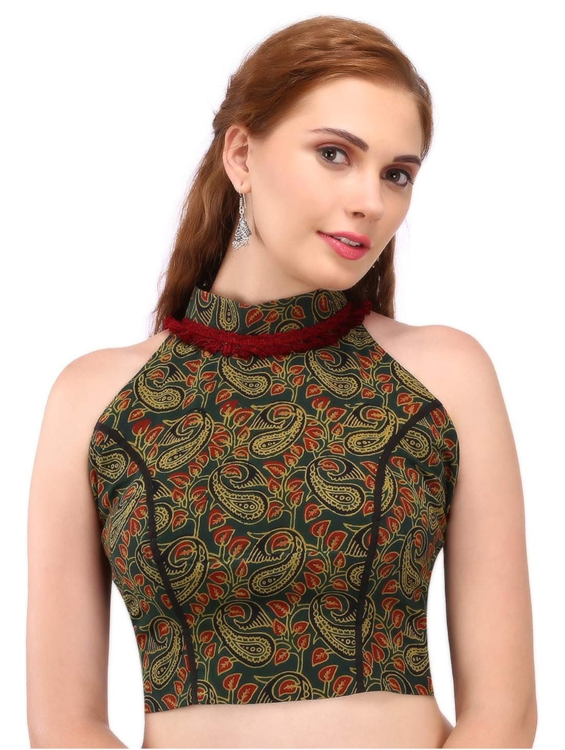 Buy Yosshita u0026 Neha Hand block Green, Red, Yellow and Black Ajrakh Print  Cotton Halter Neck Blouse with Tassel Detail Size-38 at Amazon.in