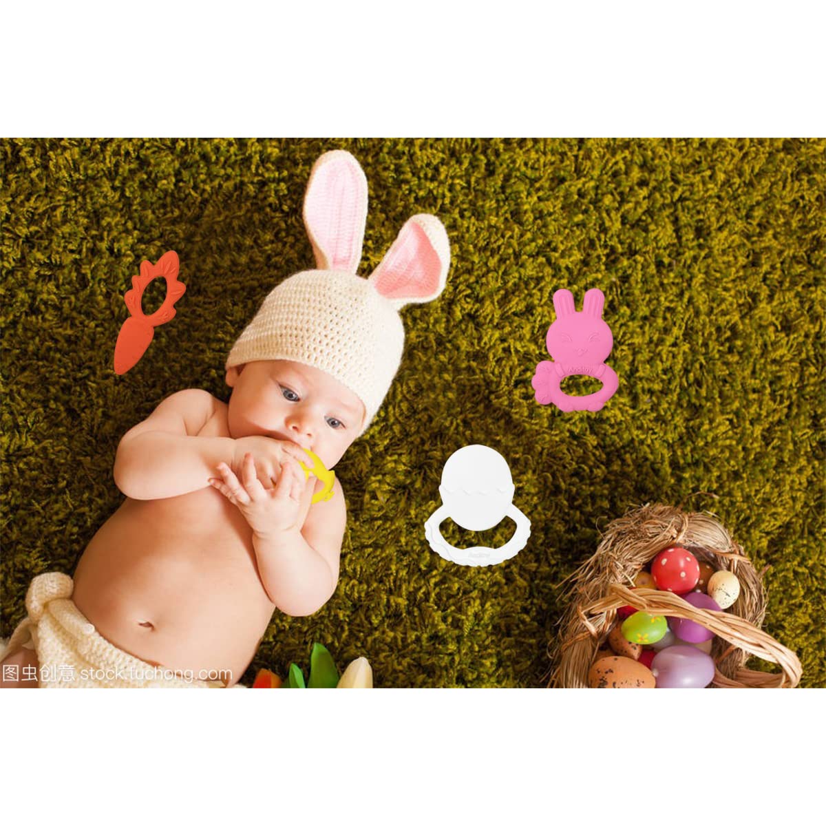 Anditoy 4 Pack Easter Teething Toys Easter Teether for 3-12 Months Baby Toddlers Easter Basket Stuffers Gifts