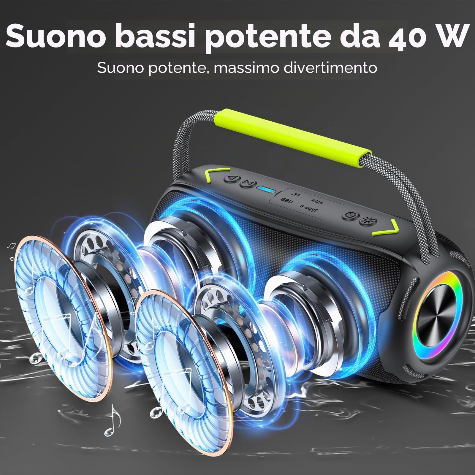 IKT Cassa Bluetooth Portatile 40W, Altoparlante Bluetooth con Doppio Bassi, Impermeabile IPX7, Luci RGB, 24h Autonomia, TWS/AUX/TF, Speaker Bluetooth per Feste/Outdoor/Viaggi
