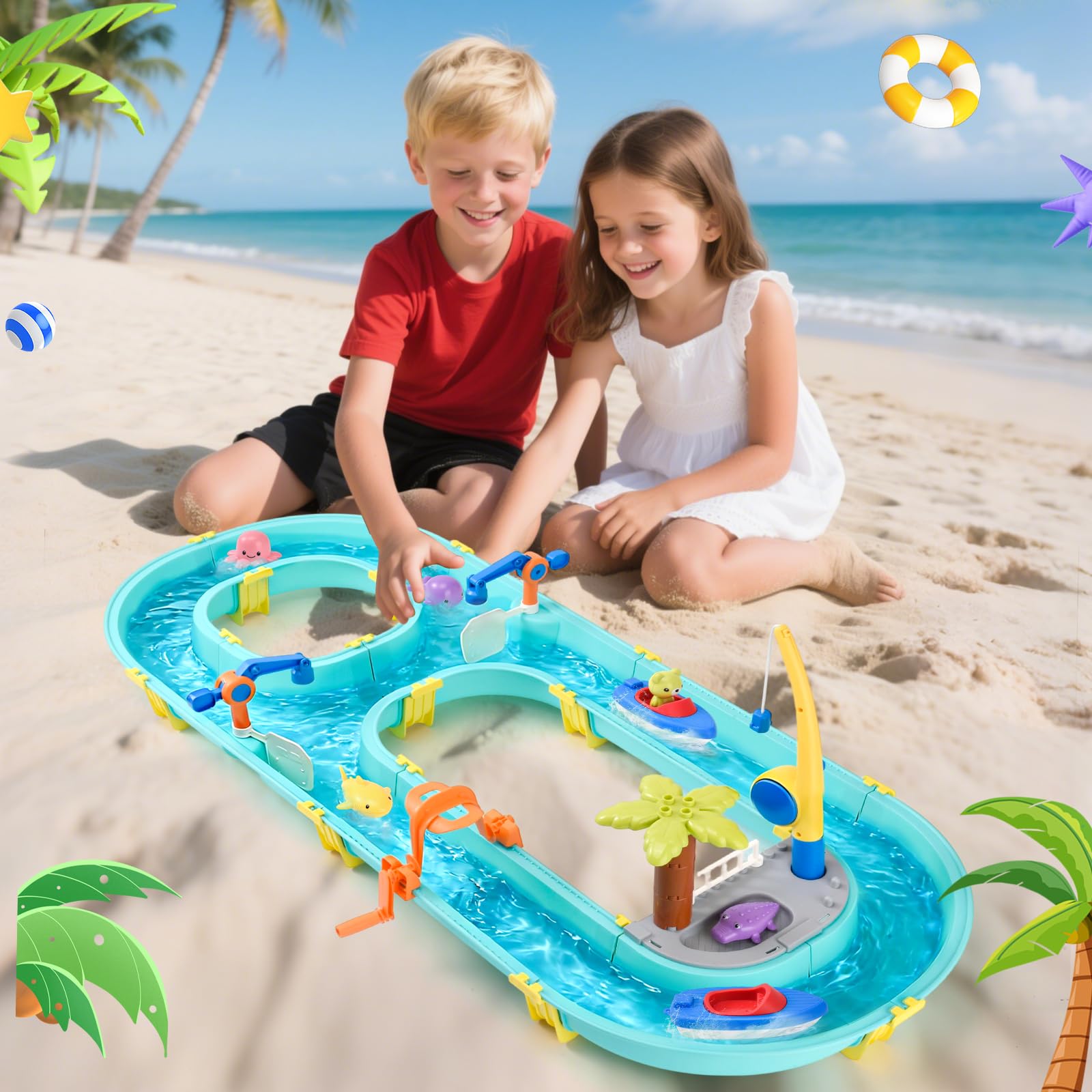 Juego de Agua con Circuito Acuático, 58 Piezas Mesa de Agua para Niños con Barcos - con Caña de Pescar Magnética y Figuras de Animales para Diversión en el Agua a Partir de 3 Años