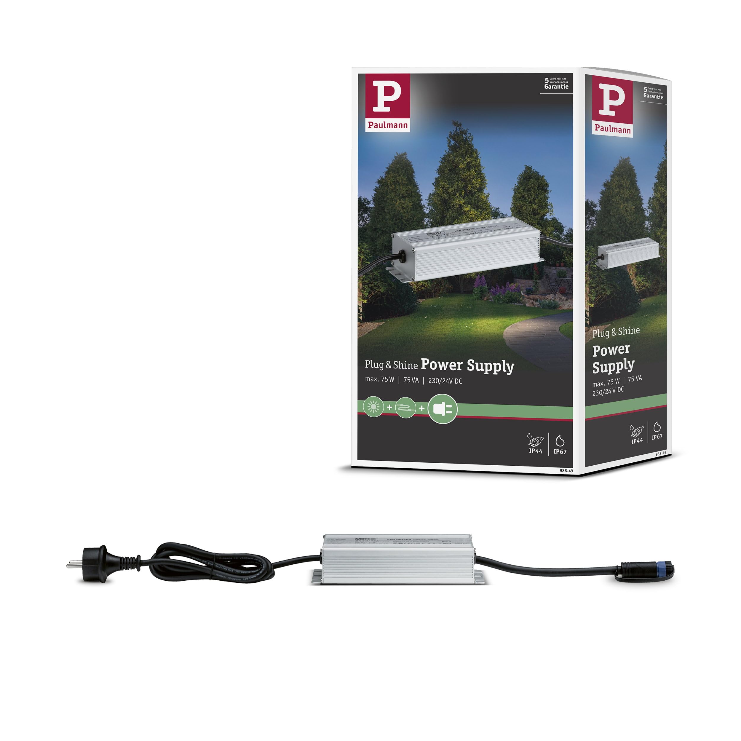 Paulmann 98849 Fuente de alimentación exterior Plug & Shine IP44 230/24 V CC 75 W 98849 Transformador luminarias exteriores, Plateado, 18.6 x 6.4 x 4 cm