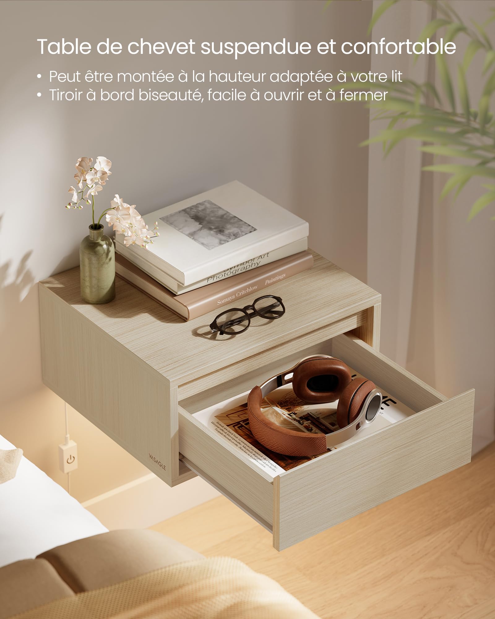 VASAGLE Kailyn Collection - Tables de Chevet Suspendues, Lot de 2, Tables de Nuit, Lumière 3 Couleurs, Étagère Murale Tiroir, 35 x 40 x 18 cm, Style Moderne, Chambre, Salon, Beige Naturel LET854N01