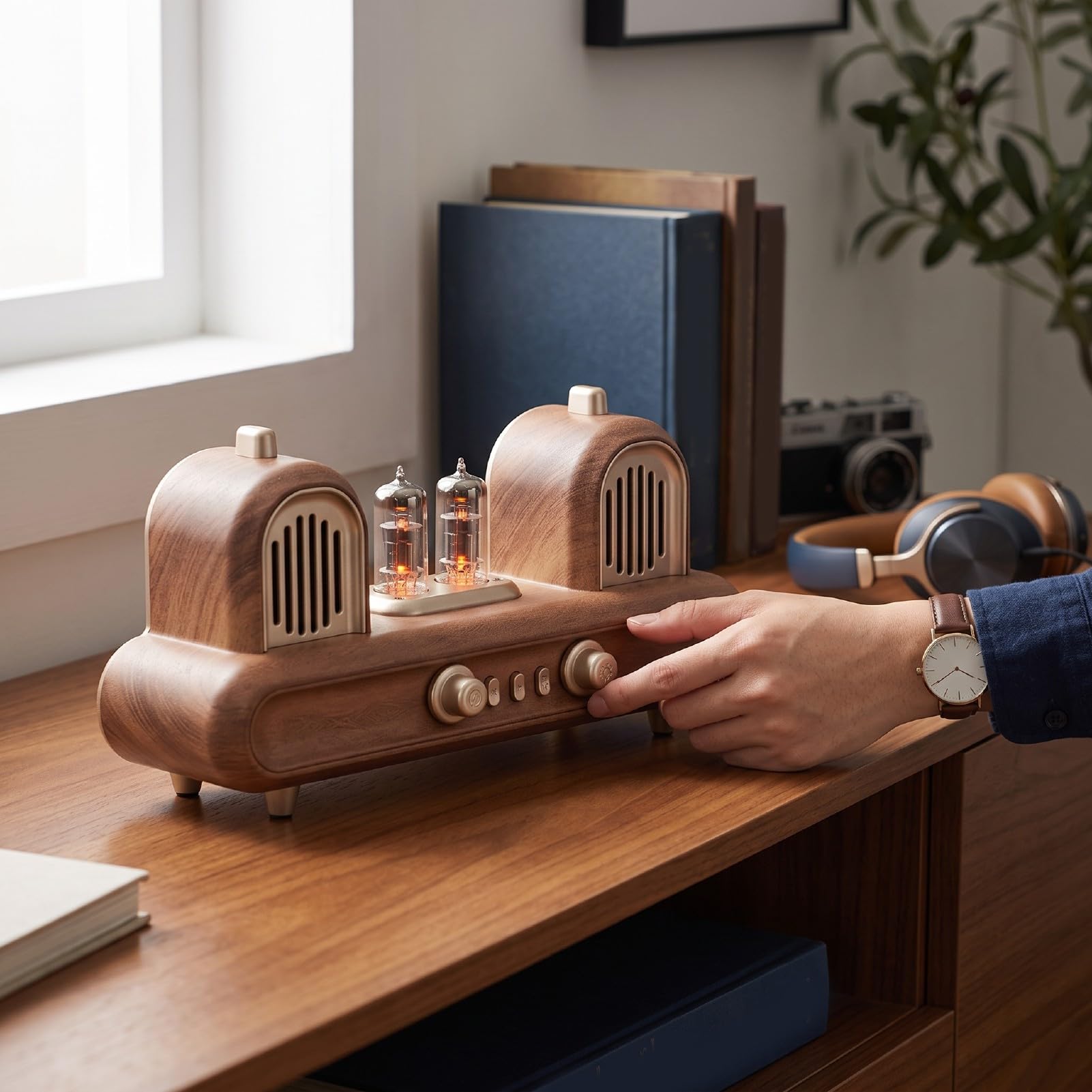 Haut-Parleur Bluetooth Rétro avec Horloge, Lumière Ambiante