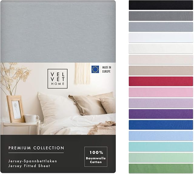 VelvetHome Prześcieradło z gumką 90x200cm | 100% Bawełna czesana | Made in EU | 165gsm | Jersey | Jakość Premium | Piękne Kolory | Jasnoszary | 90 x 200 +30