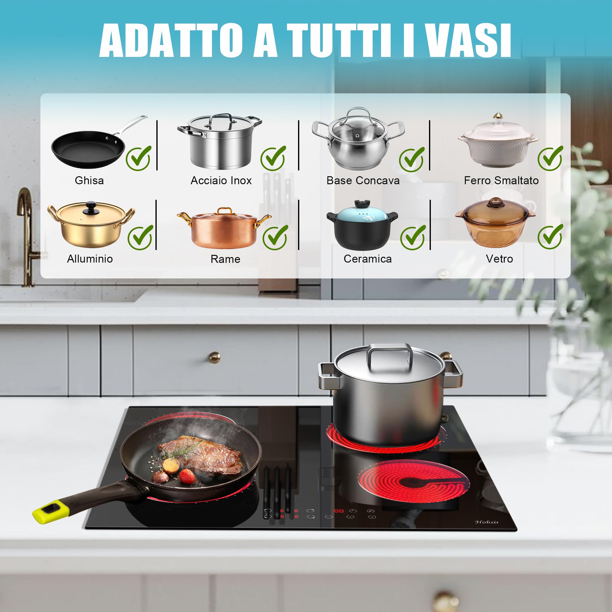 Hobsir Piano Cottura Vetroceramica 4 Fuochi, Piano Cottura Elettrico da incasso 60CM, Piastra Vetroceramica 6000W, 9 Livelli di Potenza, Blocco di Sicurezza, 220V