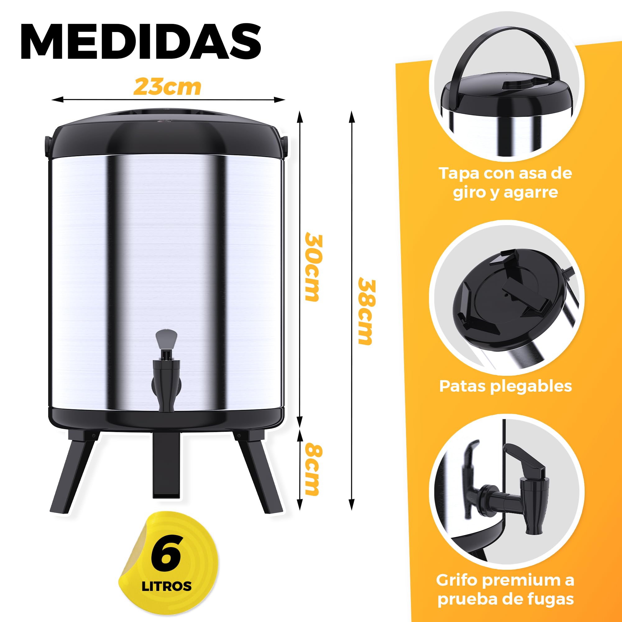 Termo Grande - Termo Contenedor 6L Portátil - Dispensador de Bebidas Térmico con Grifo - Dispensador Bebidas Frías/Calientes, Agua, Café - Para Catering, Hoteles, Eventos o Reuniones - Acero Inox
