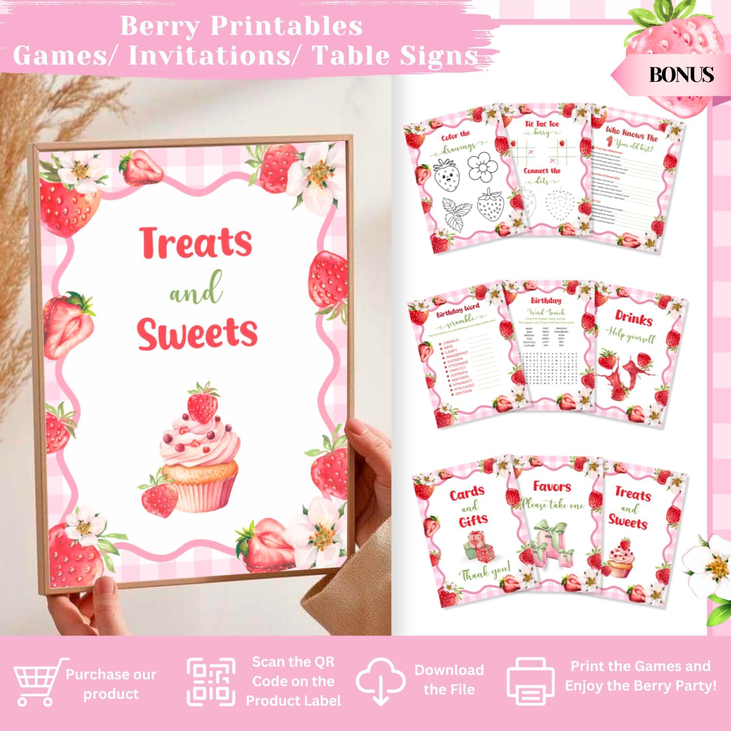RainMeadow Premium Berry First Birthday Decorations Set - Strawberry 1st Birthday Decorations Girl with Banner, Balloons, High Chair Tutu, Cake Toppers, Milestone Garland & More for Baby Girls