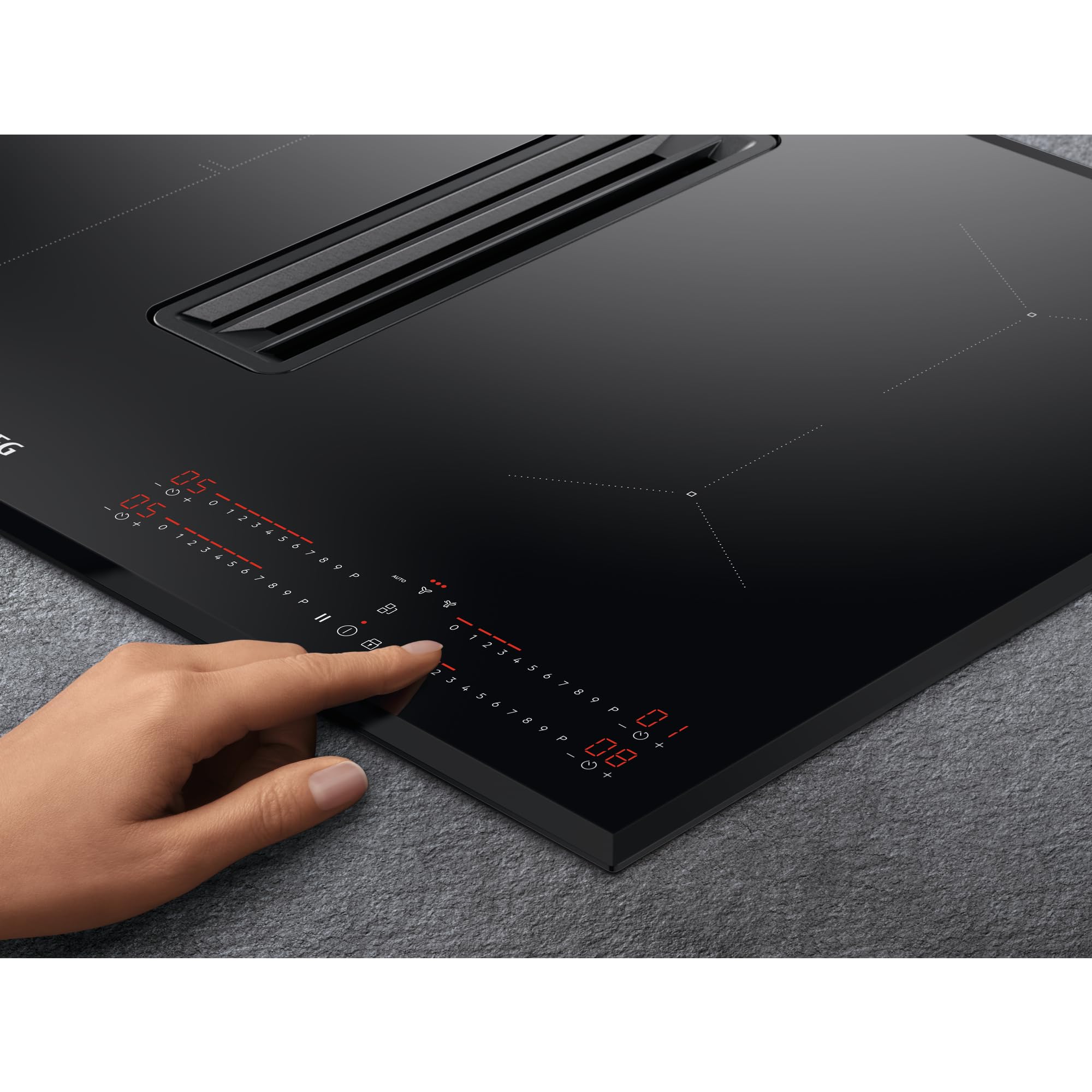 AEG Placa Inducción Extractora Integrado CCE84543FB, 80 cm, 4 Zonas Power, 1 filtro de carbón 2 en 1, función Puente, Desconexión automática, Bloqueo de seguridad para niños, Clase A+, Negro