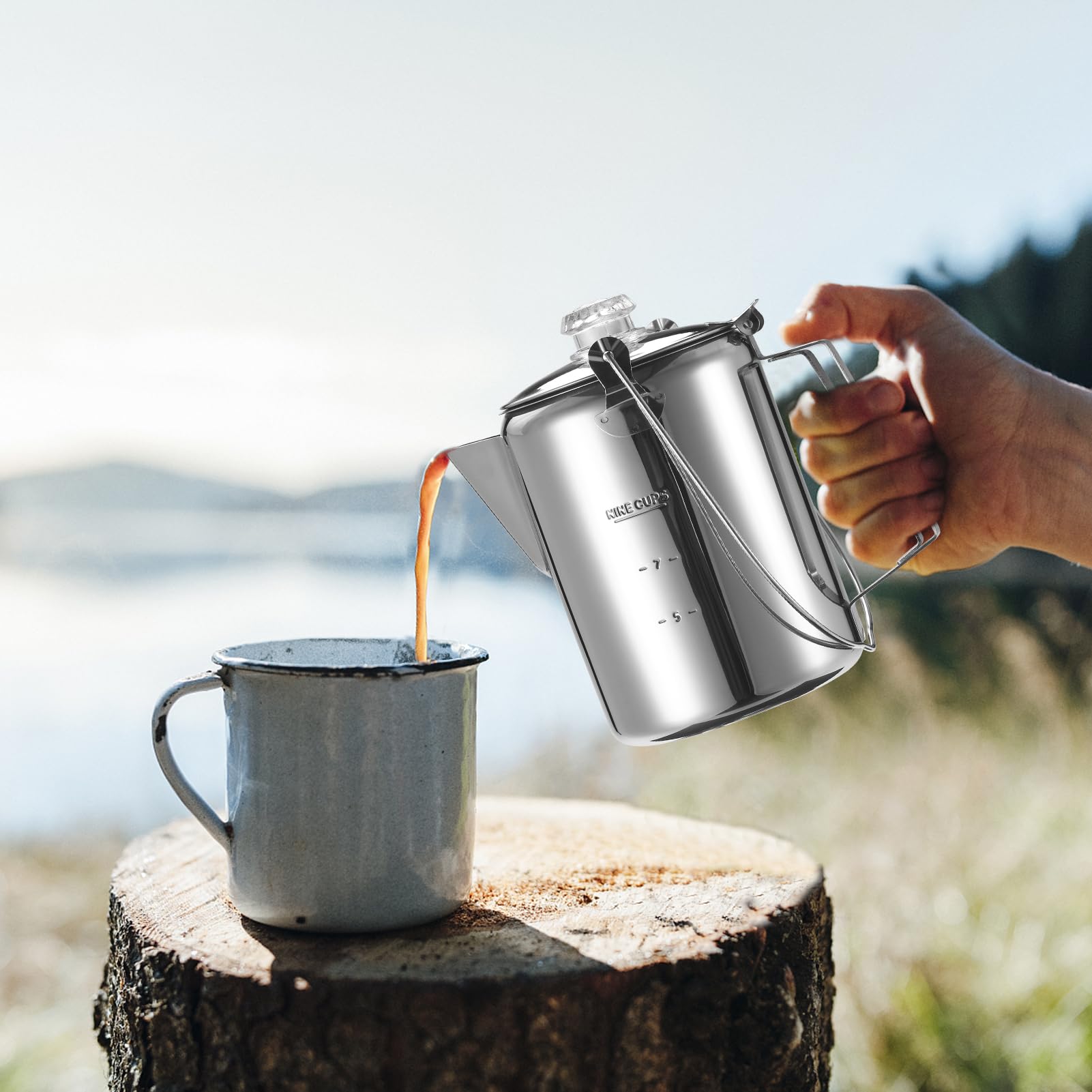 Cafetera de acero inoxidable, 1,2 L, 9 tazas, acero inoxidable, percolador, cafetera para camping, hogar, cocina