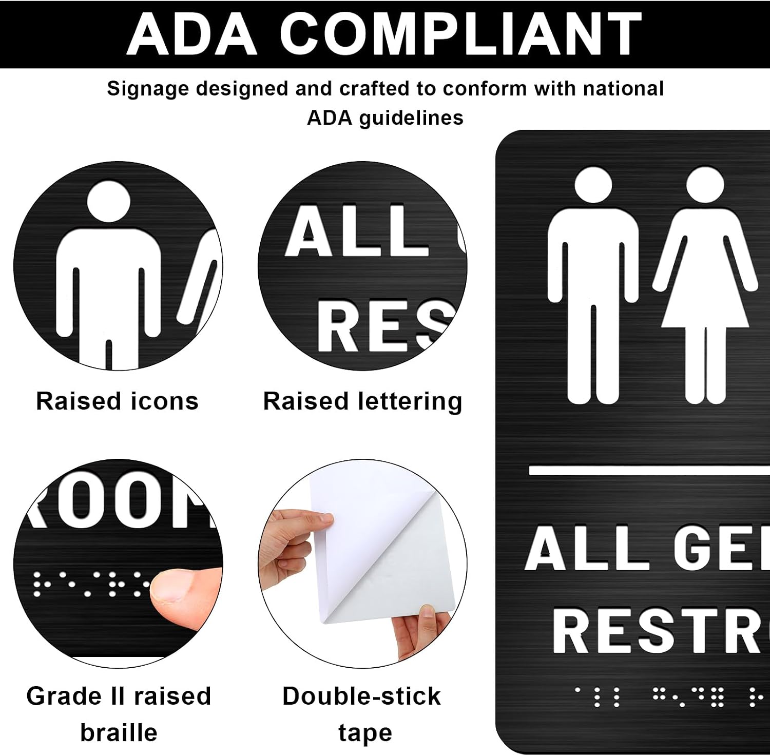 Oudain All Gender Bathroom Sign Unisex and Handicap Braille Restroom Sign by Ada Compliant Wheelchair Raised Icons Grade 2 Braille Modern for Business Restaurant (Black)
