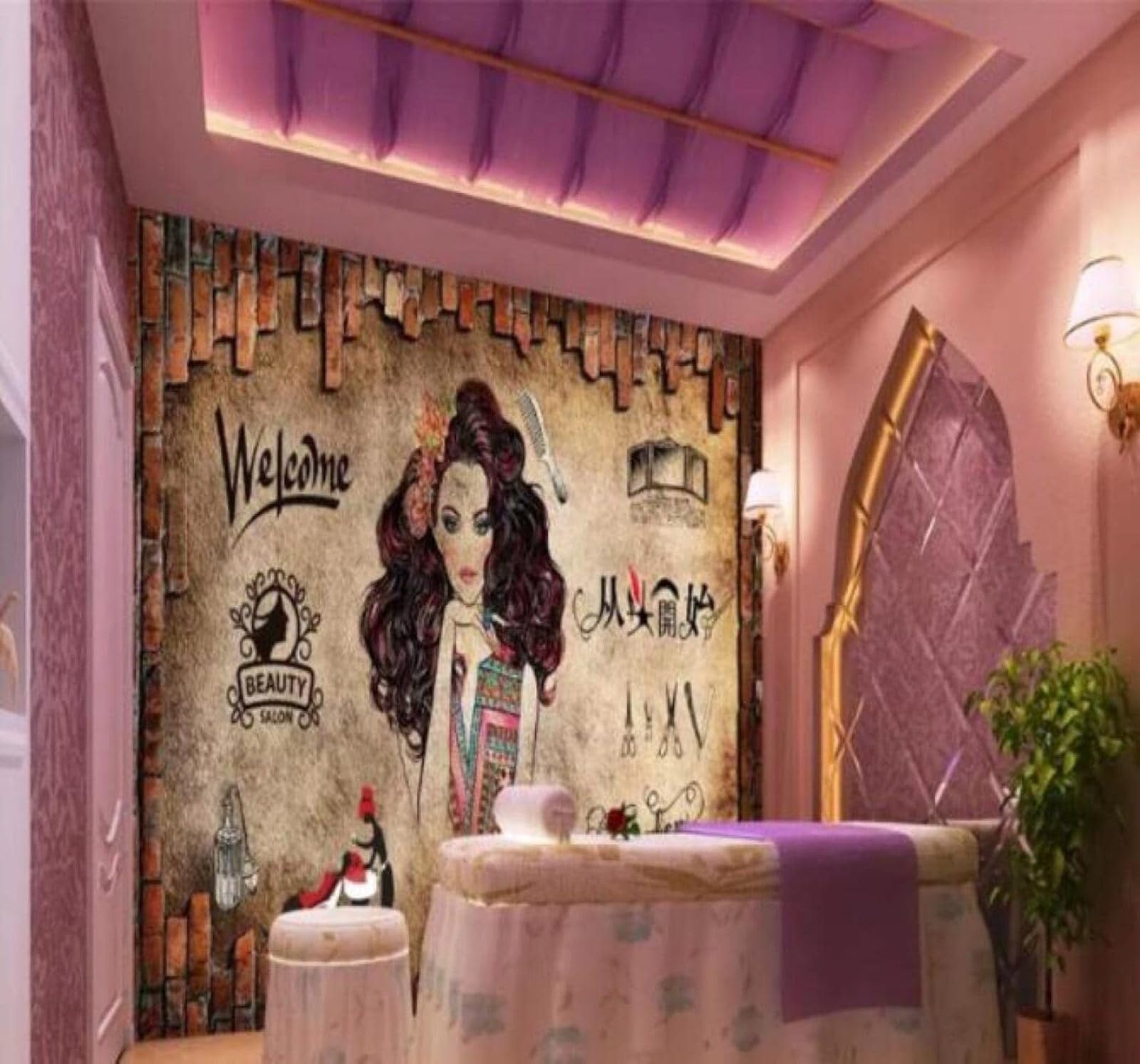 Xlming 400Cm×280Cm(B×H) Vintage Brick Wall Beautiful Woman Beauty Salon Hairdresser's 3D Wallpaper Luxury Home Dining Decor Paste Sofa Living Room The Wall For Bedroom Mural-400Cm×280Cm