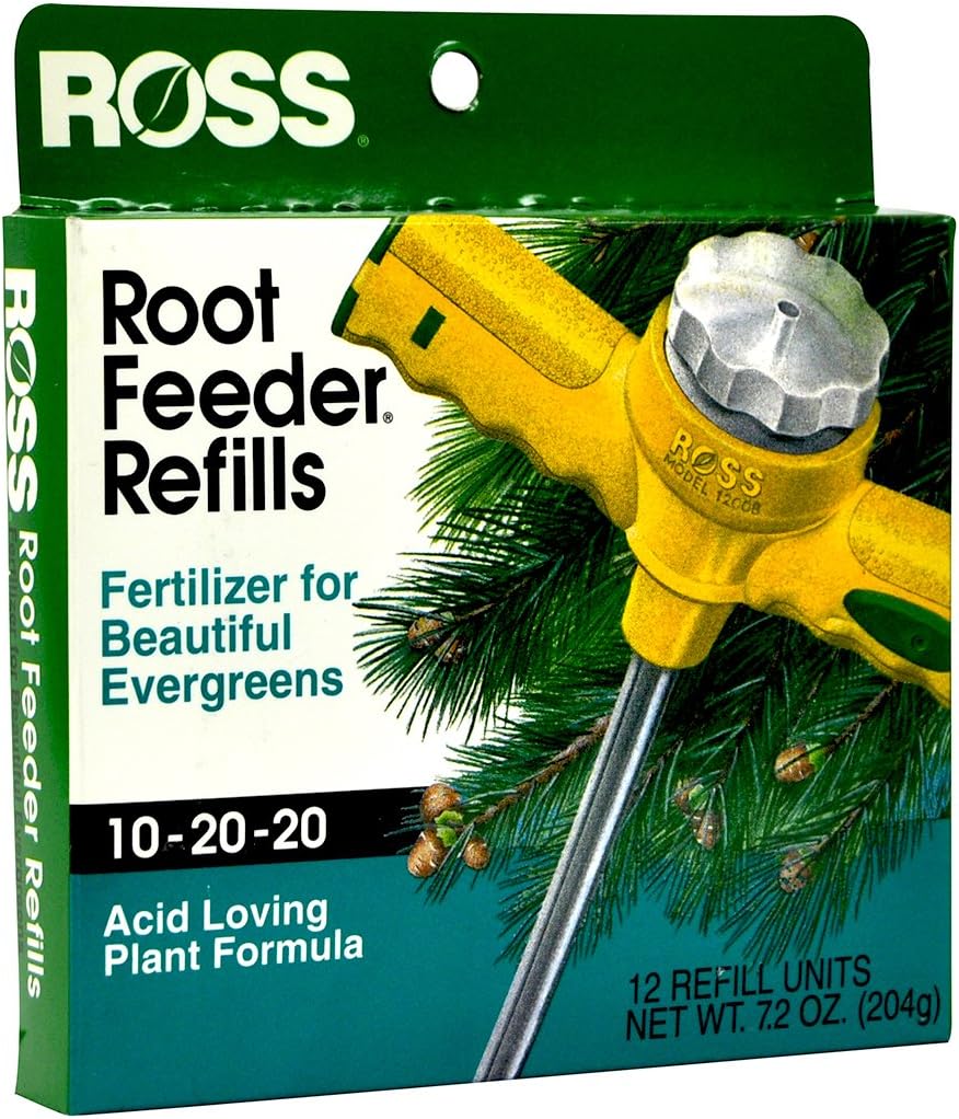 Ross Evergreen Shrub and Tree Fertilizer Refills for Ross Root Feeder, 10-20-20 For All Evergreens and Acid Loving Plants, 12 Refills