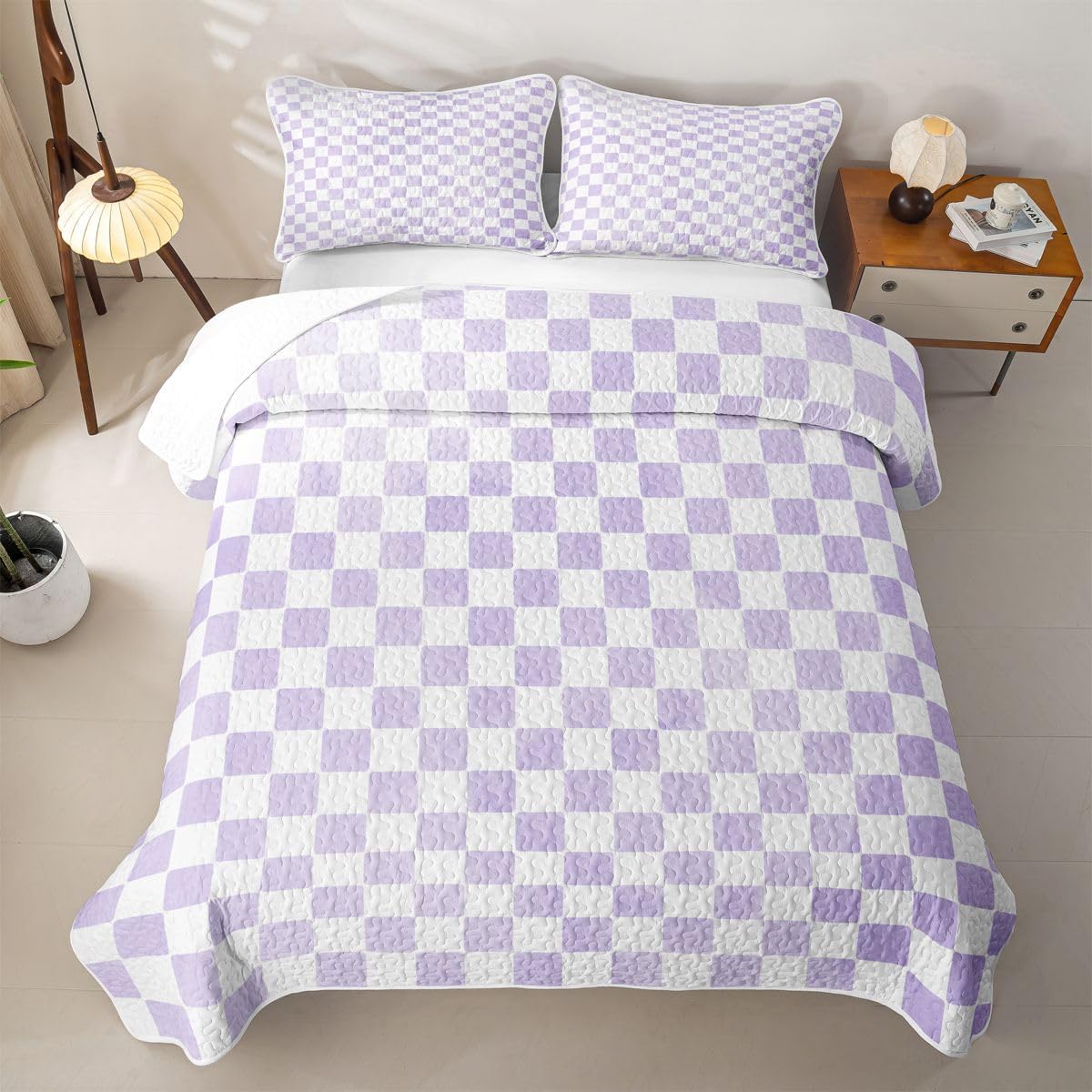 Feelyou Purple Checkered Geometric Quilt Set Full Size for Kids Boys Girls