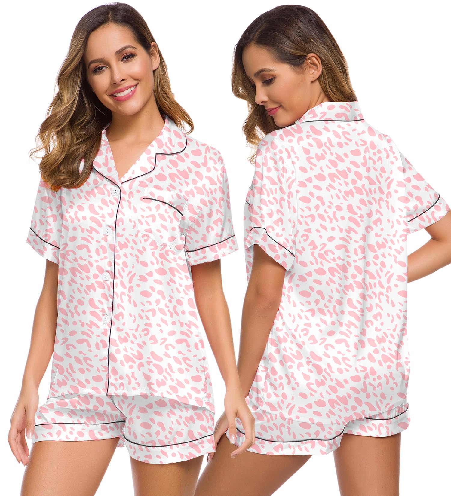 SWOMOG Womens Silk Satin Pajamas Set Short Sleeve Sleepwear Button Down Top and Shorts Loungewear 2 Piece Pjs Set XS-3XL
