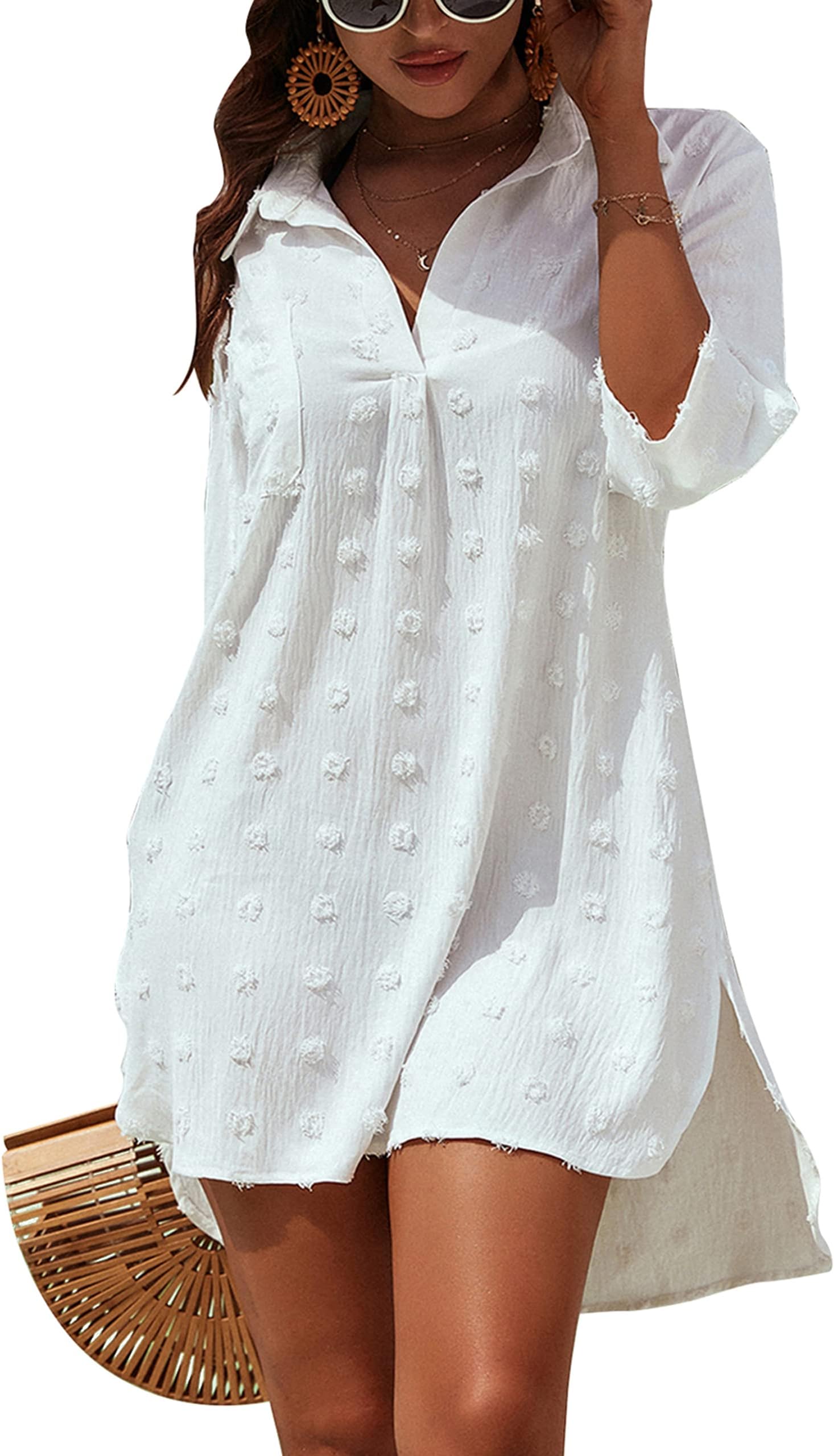 Womens Swimsuit Coverups White Chiffon Bikini Swimwear Beach Cover Up Dress Shirt