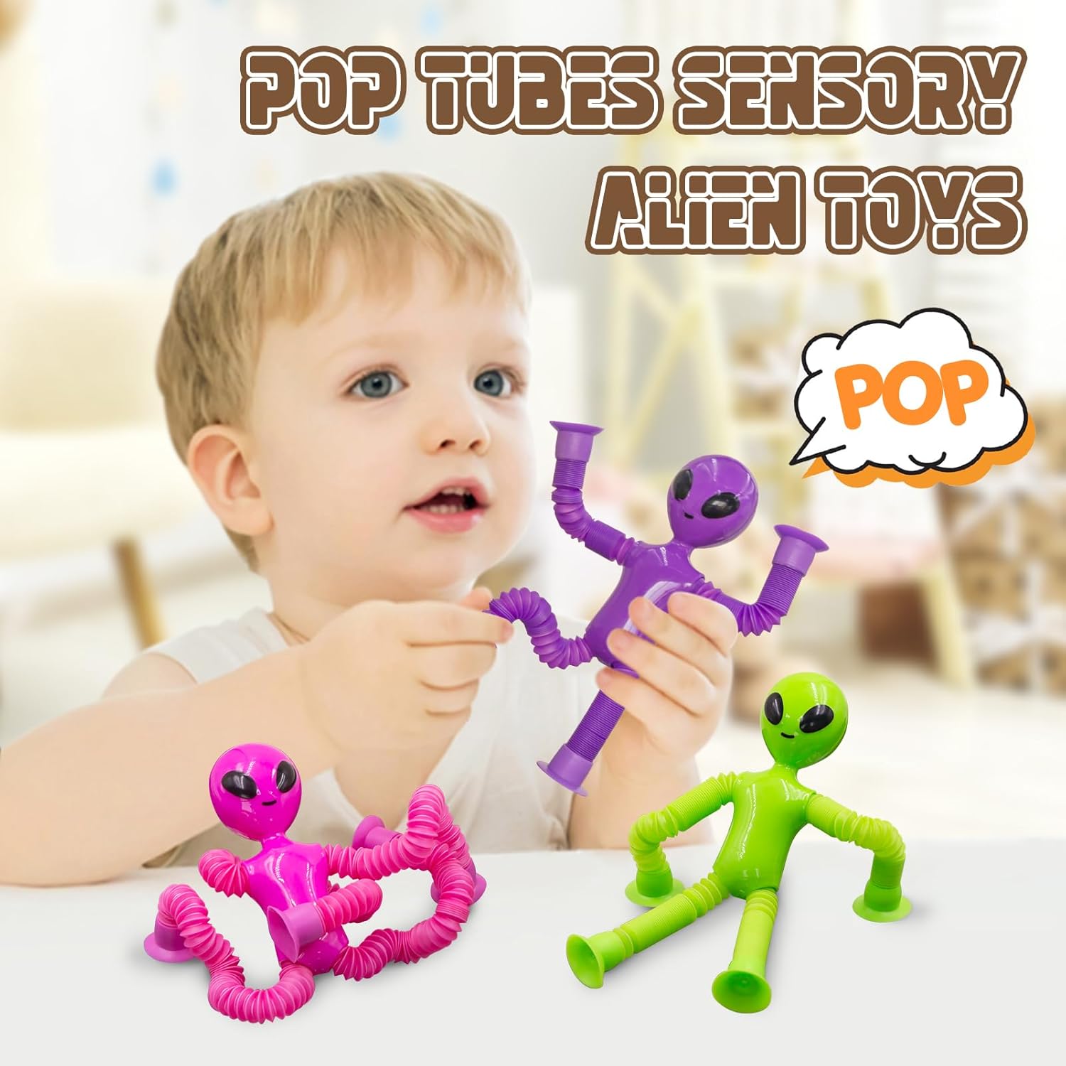 Pop Tubes Alien Fidget Toys for Kids, 4Pack Fidget Toys Telescopic Suction Cup Toy for Stress and Anxiety Relief, Easter Basket Stuffers Gifts for Kids and Toddlers (4 Pack Alien)