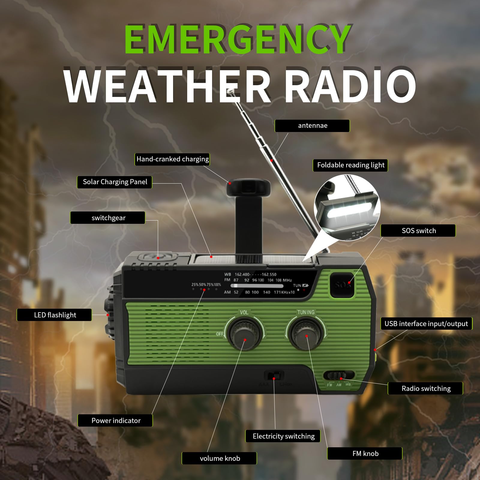 SOLARBABY Radio solare di emergenza con manovella, torcia LED, allarme SOS, AM/FM, batteria 4000 mAh, ricarica smartphone (Verde)