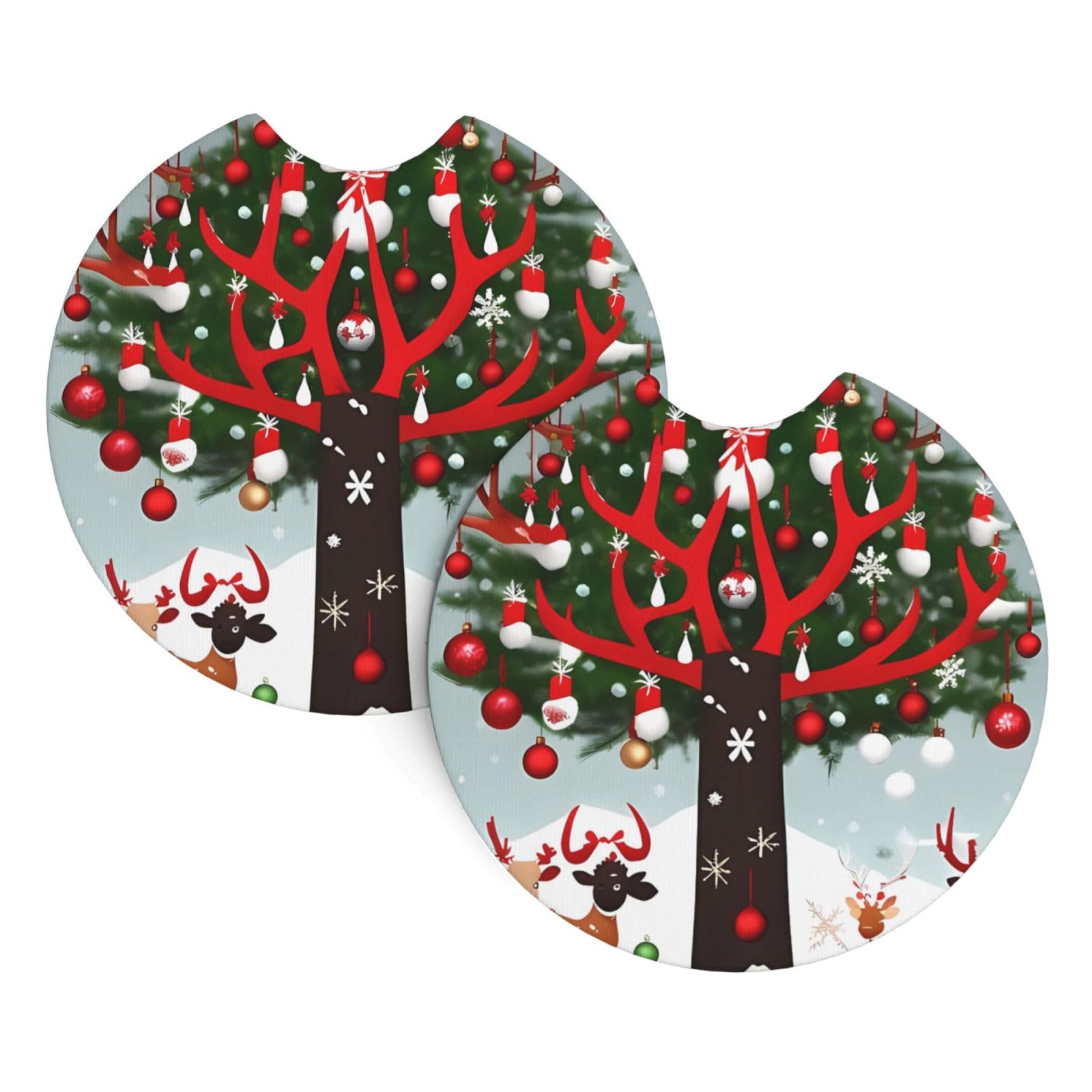 2 Pack Car Coaster for Cup Holders Cow Deer Trees Christmas Car Cup Coaster 2.7" Neoprene Non-Slip Automotive Cup Mat Universal Auto Car Interior Accessories for Women Men Cup Pad