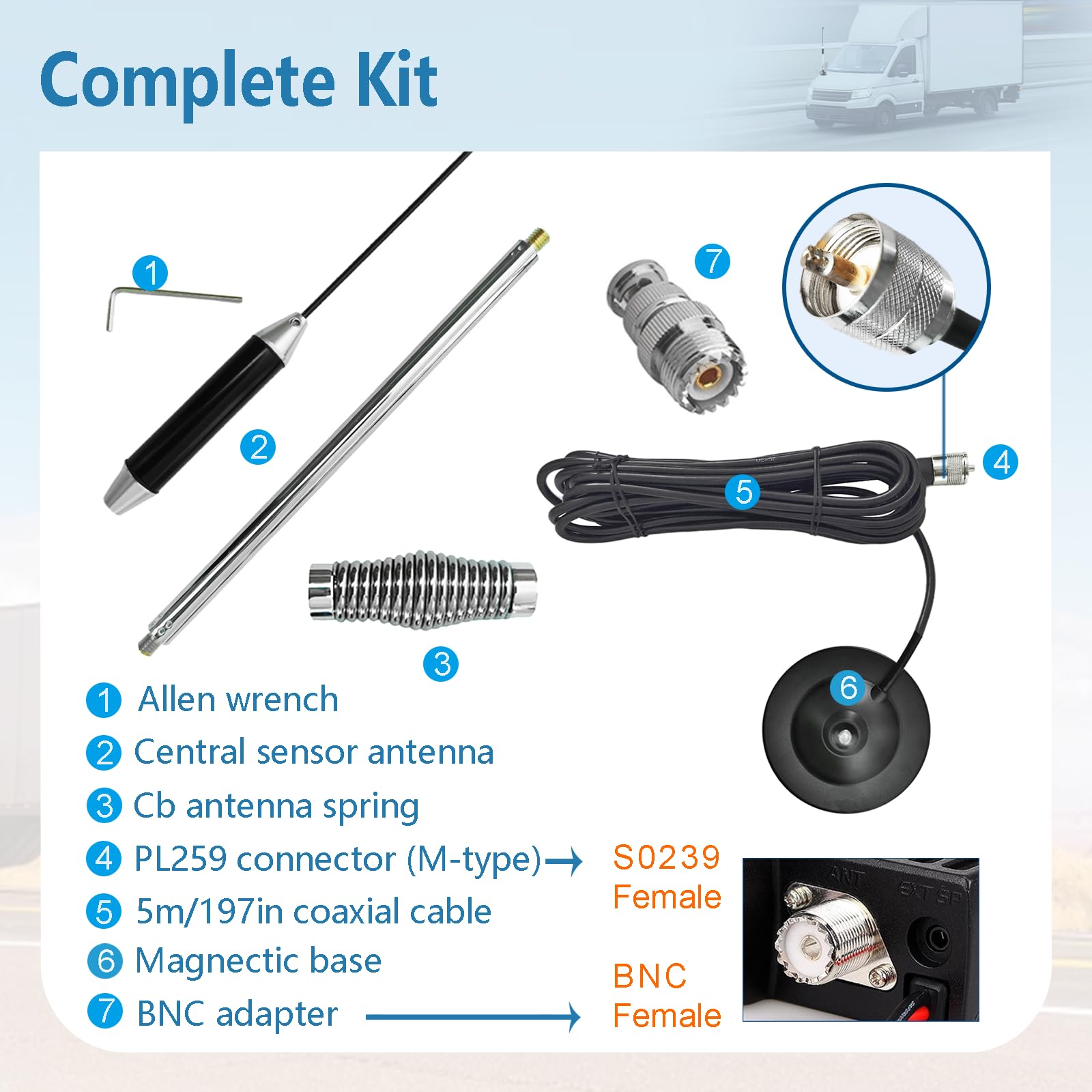 Antenna CB Magnetica 27 Mhz per Auto, Camion | Universale per Radio CB Midland, Uniden, President, Cobra,Alan | Con 5m RG58-Cavo, Connettore UHF PL259 & BNC, Ø95 mm Base Calamita, Alta 67cm