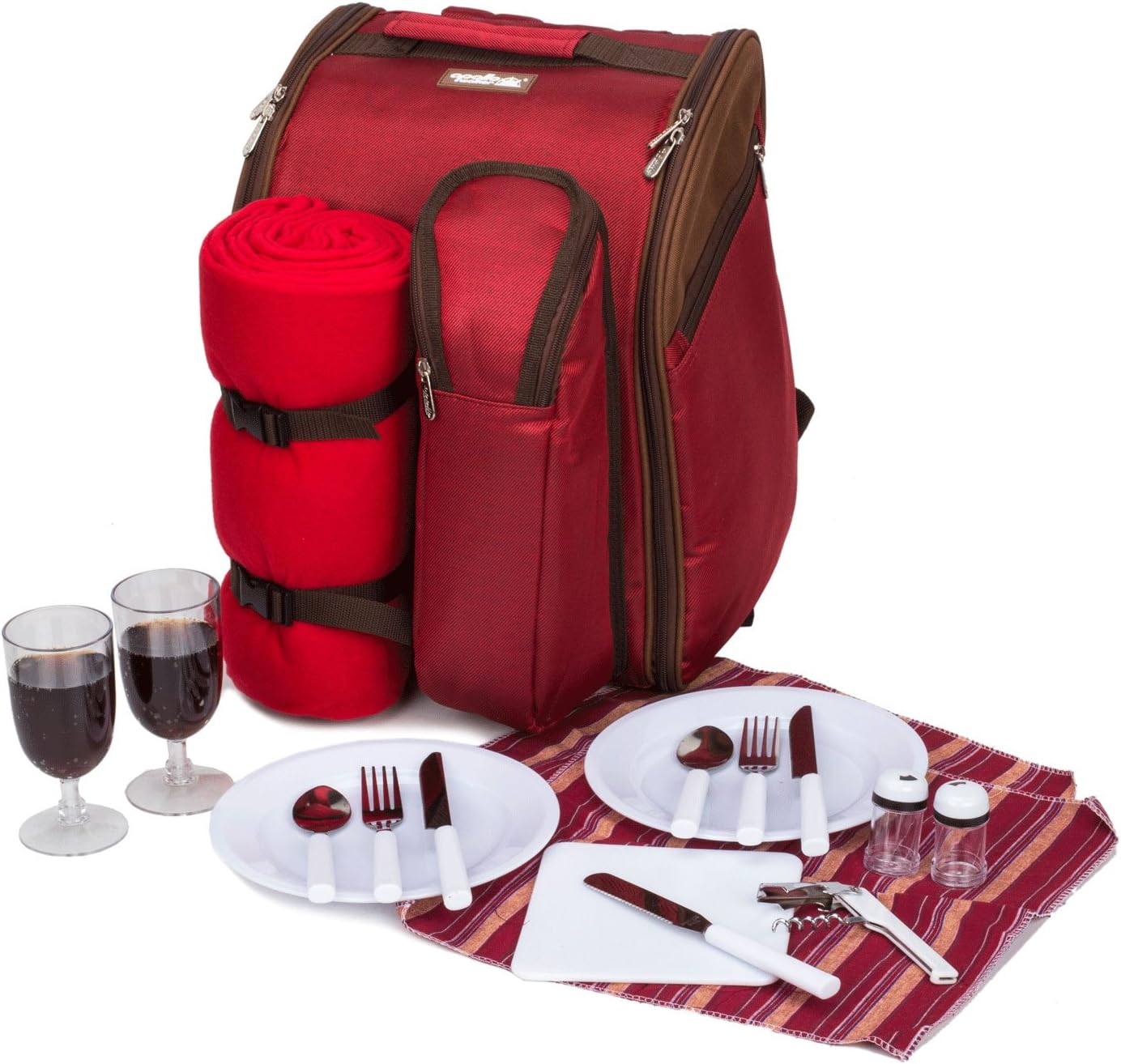 APOLLO WALKER 2 Person Red Picnic Backpack with Cooler Compartment Includes Tableware & Fleece Blanket 45"x53"(red)