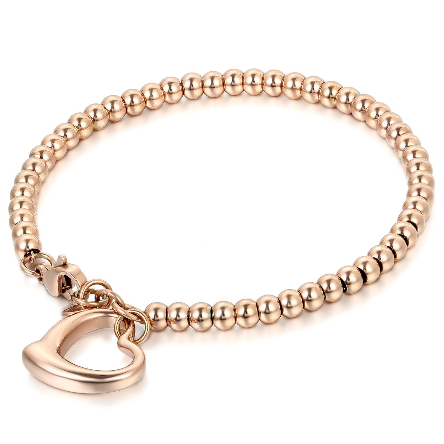 JewelryWeJewelryWe Moda Corazón Hueco Pulsera, Pulsera de la Suerte de las Mujer, Pulsera de Cuentas Pulidas, Pulsera de Acero Inoxidable, Pulsera Ajustable, Plata Oro