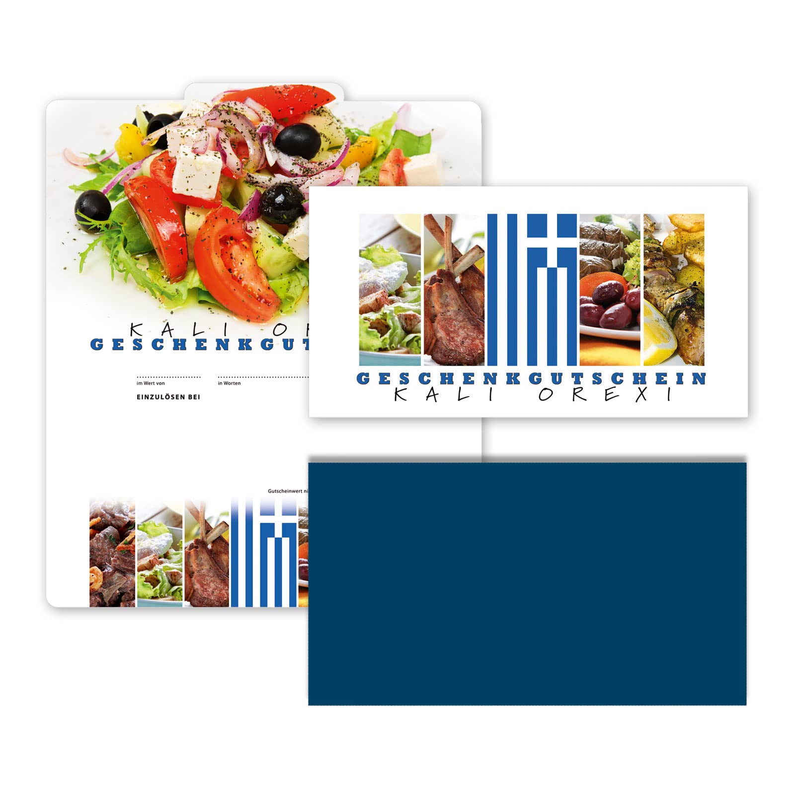 Faltgutscheine. 25x Gutschein + Kuvert. Für griechisches Restaurant mit glänzender Vorderseite.