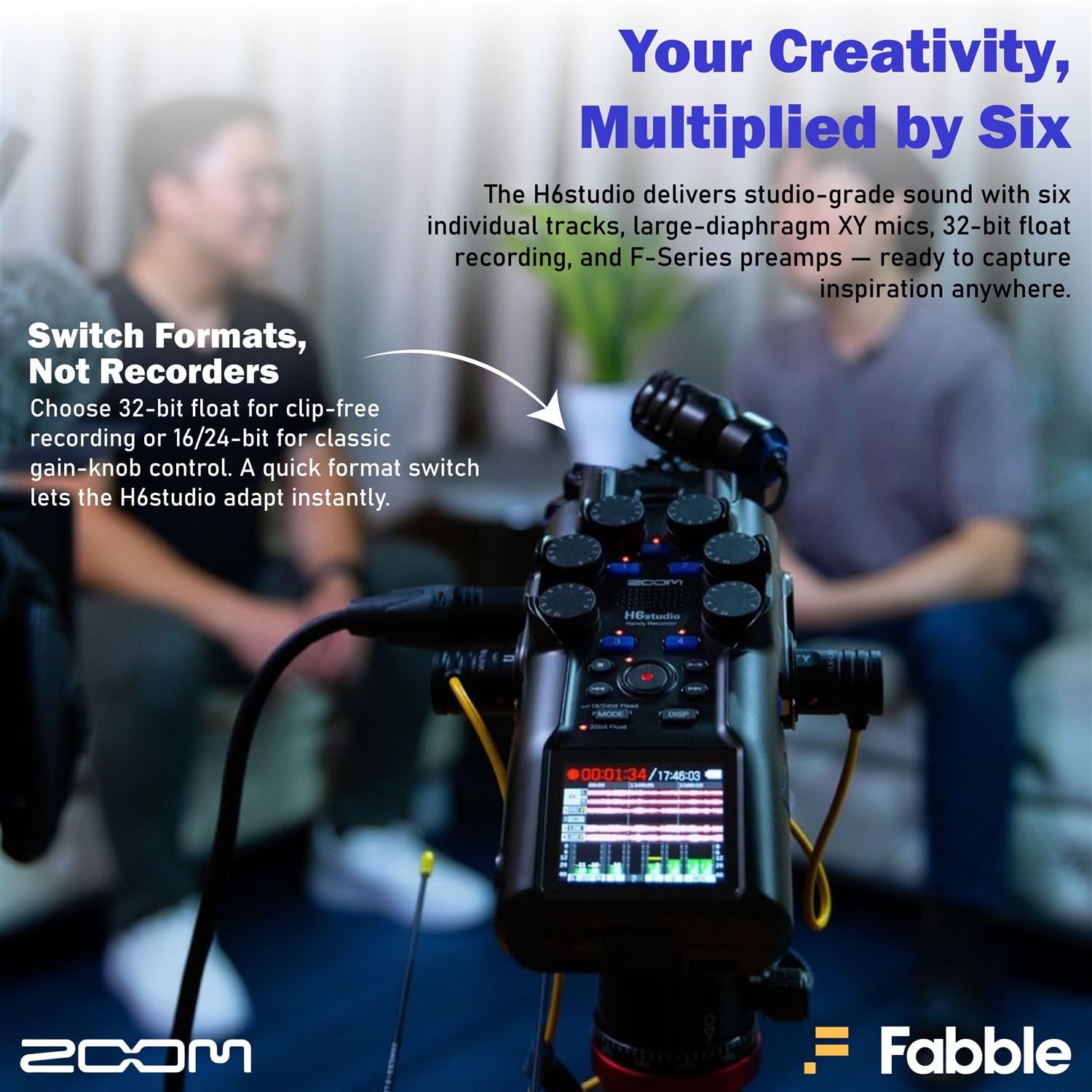 Zoom H6studio Handliches Recorder-Set mit 2 × ZDM-1 Podcast-Mikrofon-Packs, Kopfhörern, Tischständern, XLR-Kabeln, Windschutzscheiben, Speicherkarten, Batterien und Zubehör