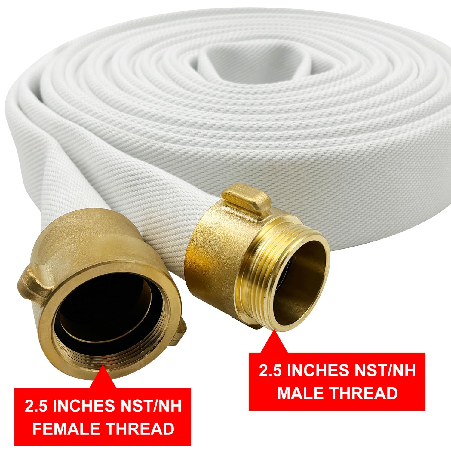 Manguera contra incendios, color blanco, 2-1/2 pulgadas x 50 pies, manguera de descarga y retrolavado, conectores de latón NST/NH (2.5 pulgadas NST/NH-50 pies)