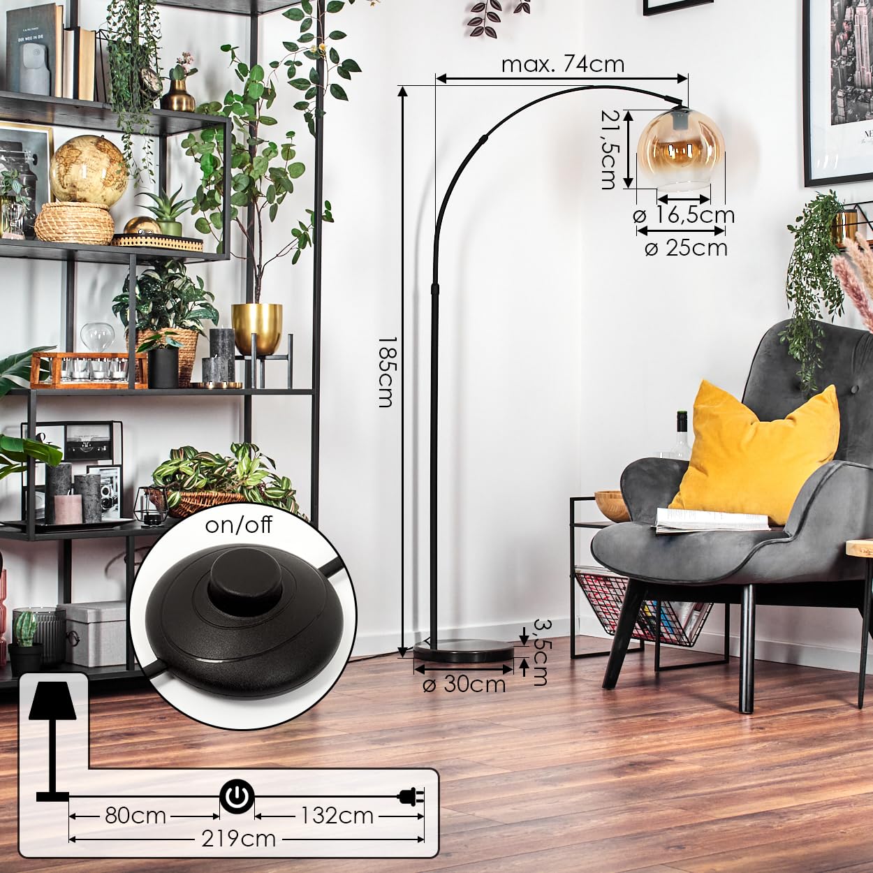 HOFSTEIN Stehleuchte Koyoto, Stehlampe aus Metall/Glas in Schwarz/Bernstein/Klar mit Marmorfuß, verstellbare Leuchte im Retro-Design (Schirm Ø 25 cm), Fußschalter, E27, Wohnzimmer, Schlafzimmer, Flur