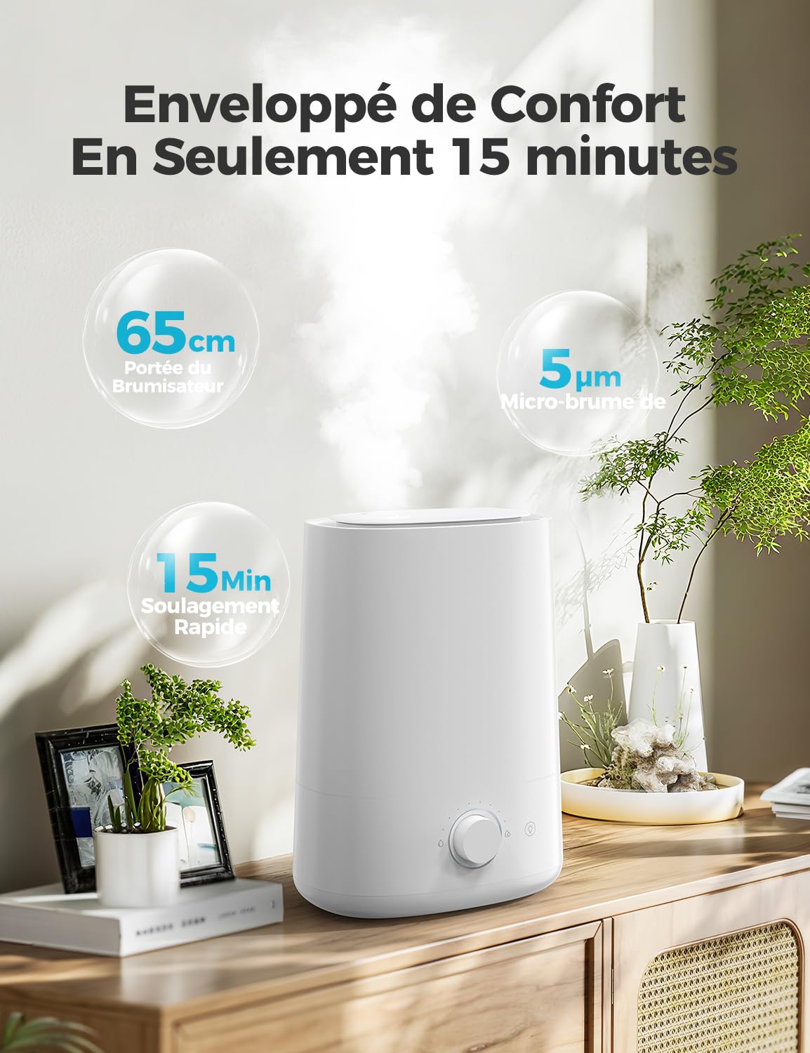 AROEVE Humidificateur d'air 5L à Remplissage par le Dessus,à Brumisateur Ultrasonique avec Diffuseur d'Huile Essentielle, Buse 360°, Veilleuse 28dB, Autonomie 50H, pour Chambre de Bébé, Plantes
