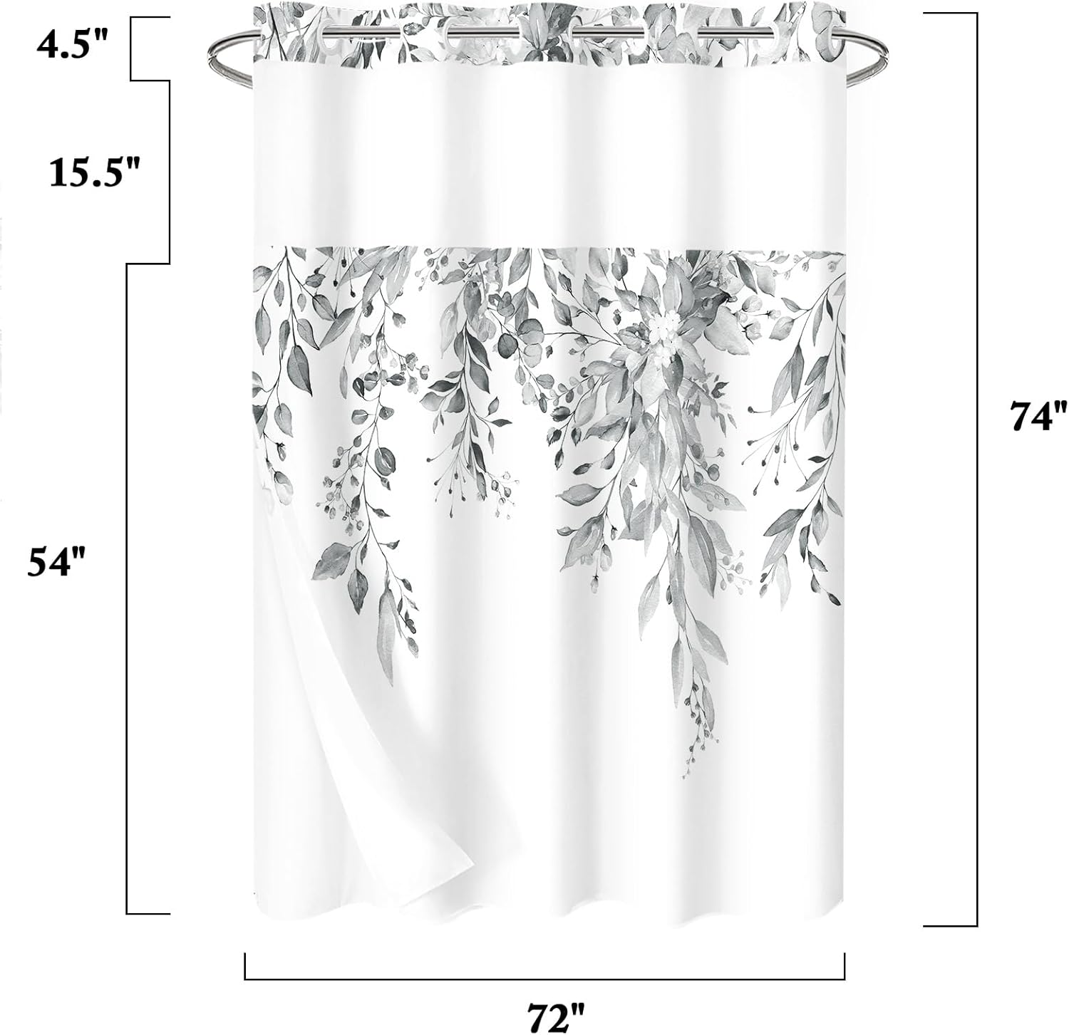 Gibelle No Hook Shower Curtain with Snap-in Fabric Liner Set for Bathroom, Hotel Style Grey Eucalyptus Leaves Shower Curtain with See Through Top Window, Waterproof & Washable, 72x74