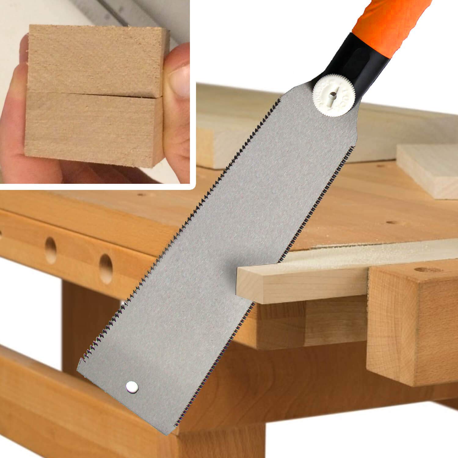 DUEBEL Sierra Japonesa de Corte Fino, Sierra de Mano Ryoba de Doble Filo, Sierra Intercambiable, Hoja Flexible para Carpintería, Naranja