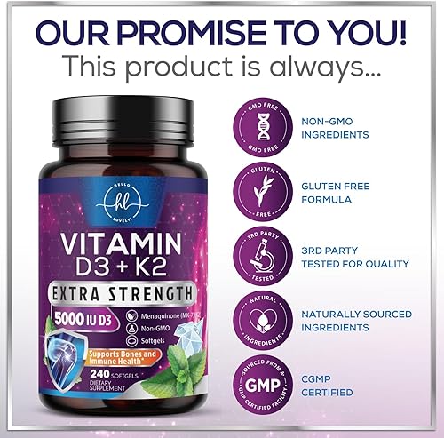 Miniatura 4 de Vitamina D3 K2  Vitamina D3 (5000 iu) y 100 mcg de vitamina K2 (MK-7) Complejo para apoyo inmunológico y salud ósea, dientes y muscular, fácil de