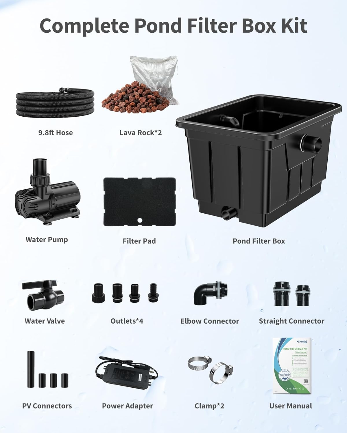 POPOSOAP Large Pond Filter Kit, Outdoor Pond Filter with 1200GPH Quiet Pond Pump & 9.8FT Hose, Above-Ground Design for Easy Maintenance Complete Accessories Included for Koi Pond Garden Pond P2580