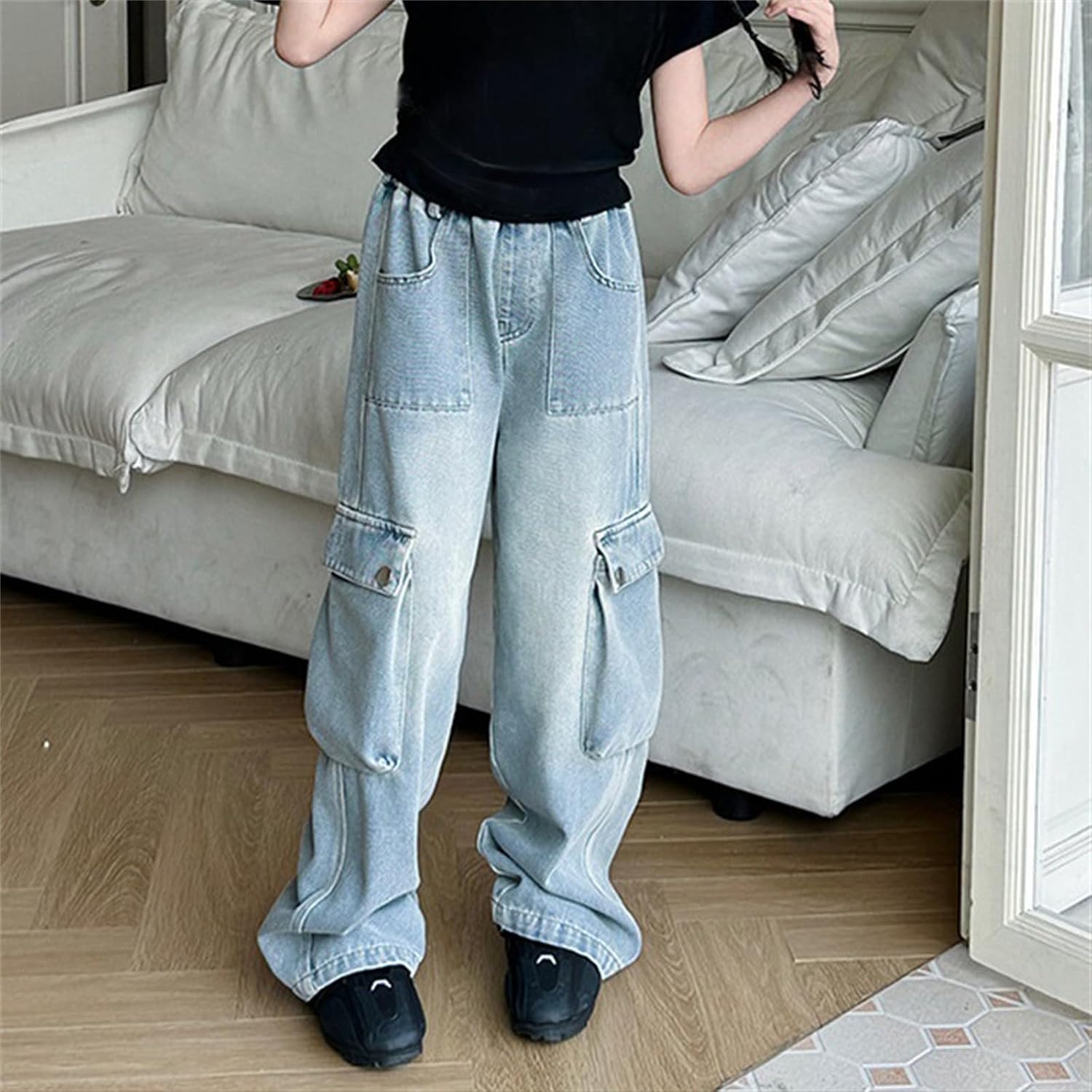Girls Y2K Streetwear Jeans Denim Cargo Pants High Waisted Wide Leg Denim Pants Flap Pocket Cargo Jeans Pull On Joggers
