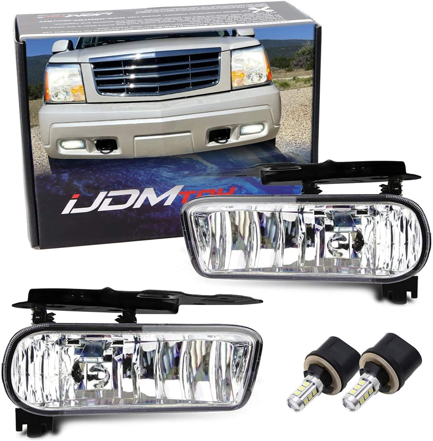 iJDMTOY OEM-Spec Clear Lens Fog Light Foglamp Kit with 880 White LED Bulbs w/Metal Mounting Brackets Compatible With 2002-2006 Cadillac Escalade (Including ESV EXT)