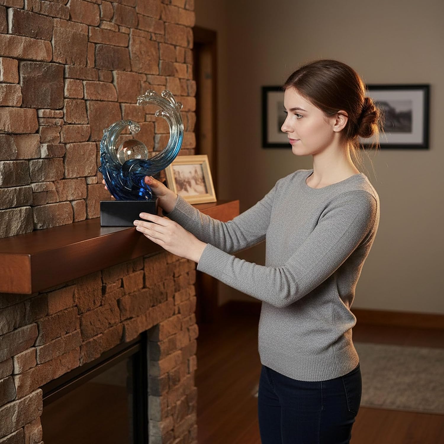 Blue Ocean Wave Statue for Beach House Decor,Resin Modern Abstract Art,For Coastal Nautical Office Surfers Gifts,Coffee Table,Tv Stand,Dining Table Center Decorative Shelf Decor Accent for Men (Blue)