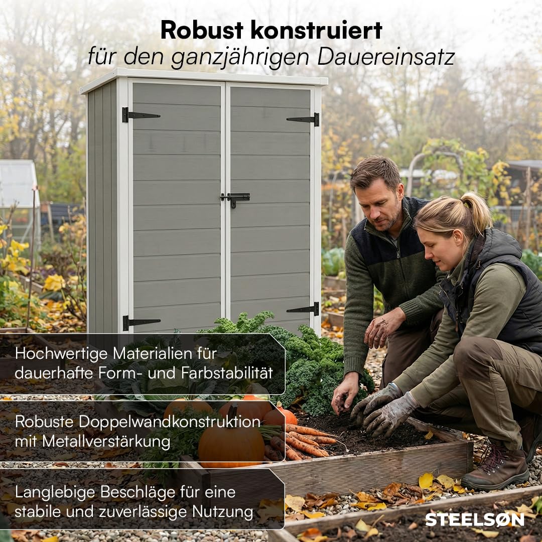 STEELSØN Novara Gerätehaus – Geräteschuppen mit Pultdach – Gartenhaus 170x68,5x134 cm (HxTxB) – Gartenschuppen aus Kunststoff Grau – Gartenhütte mit 2 Fächern – Gerätehütte rostfrei – Schuppen Garten